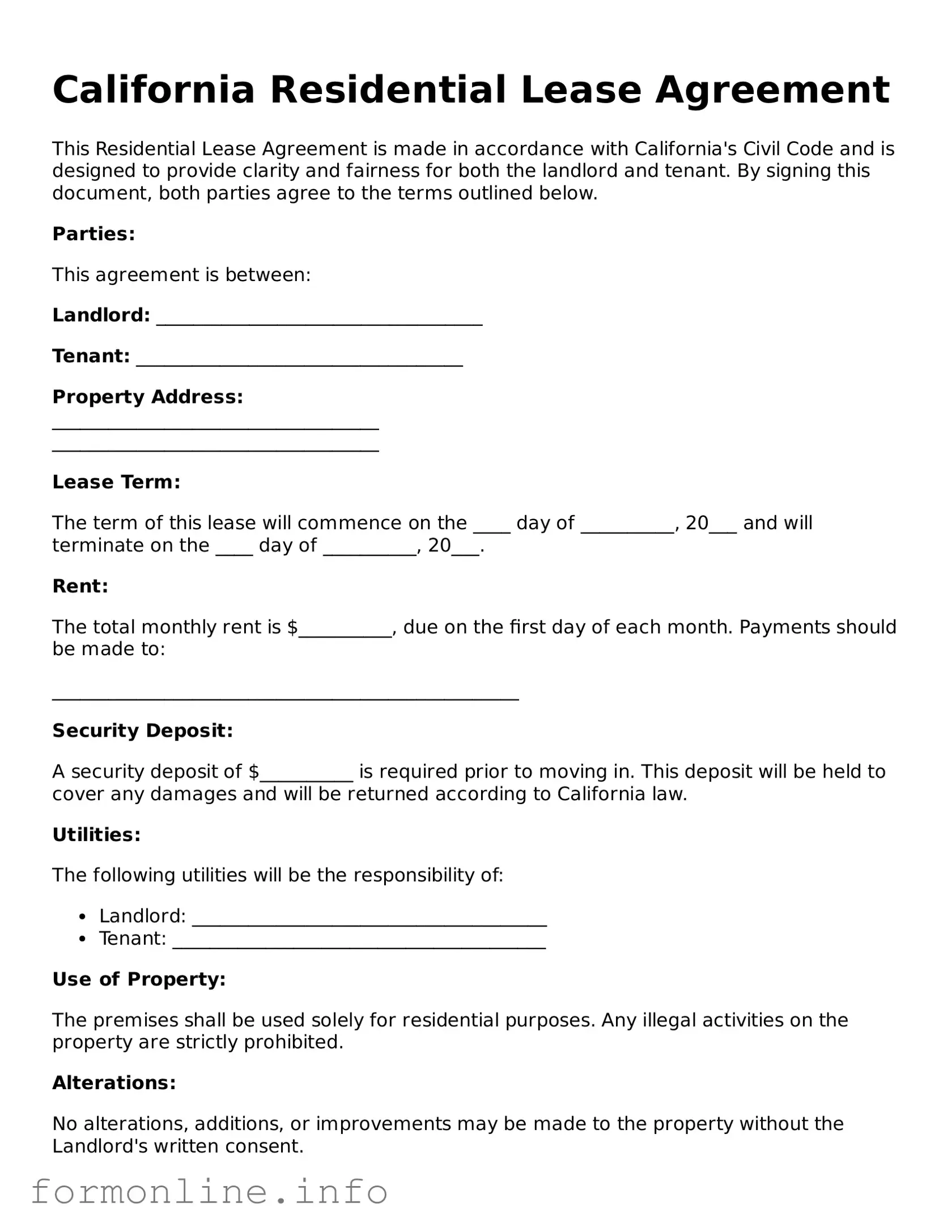 Free Residential Lease Agreement Template for California State