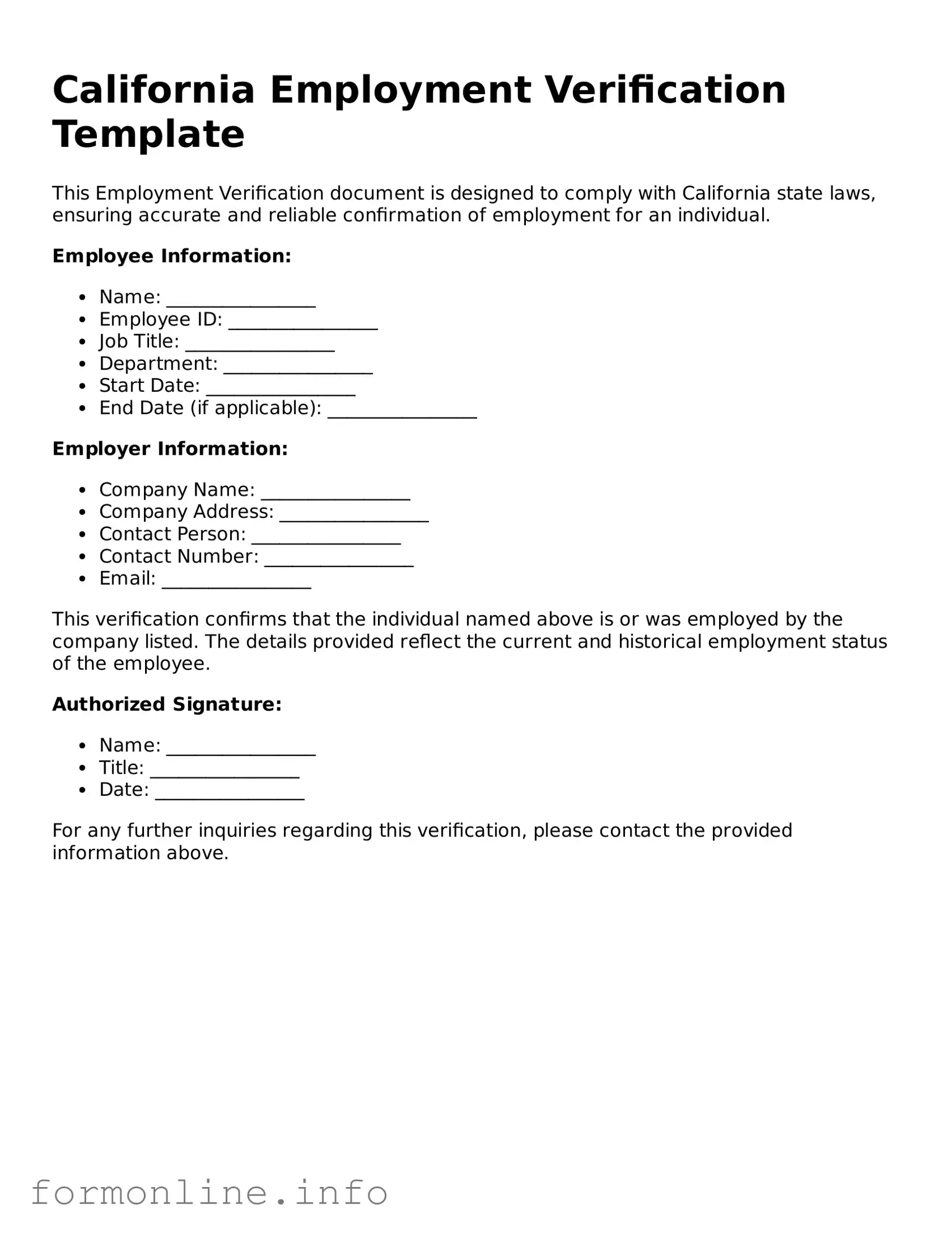 Free Employment Verification Template for California State