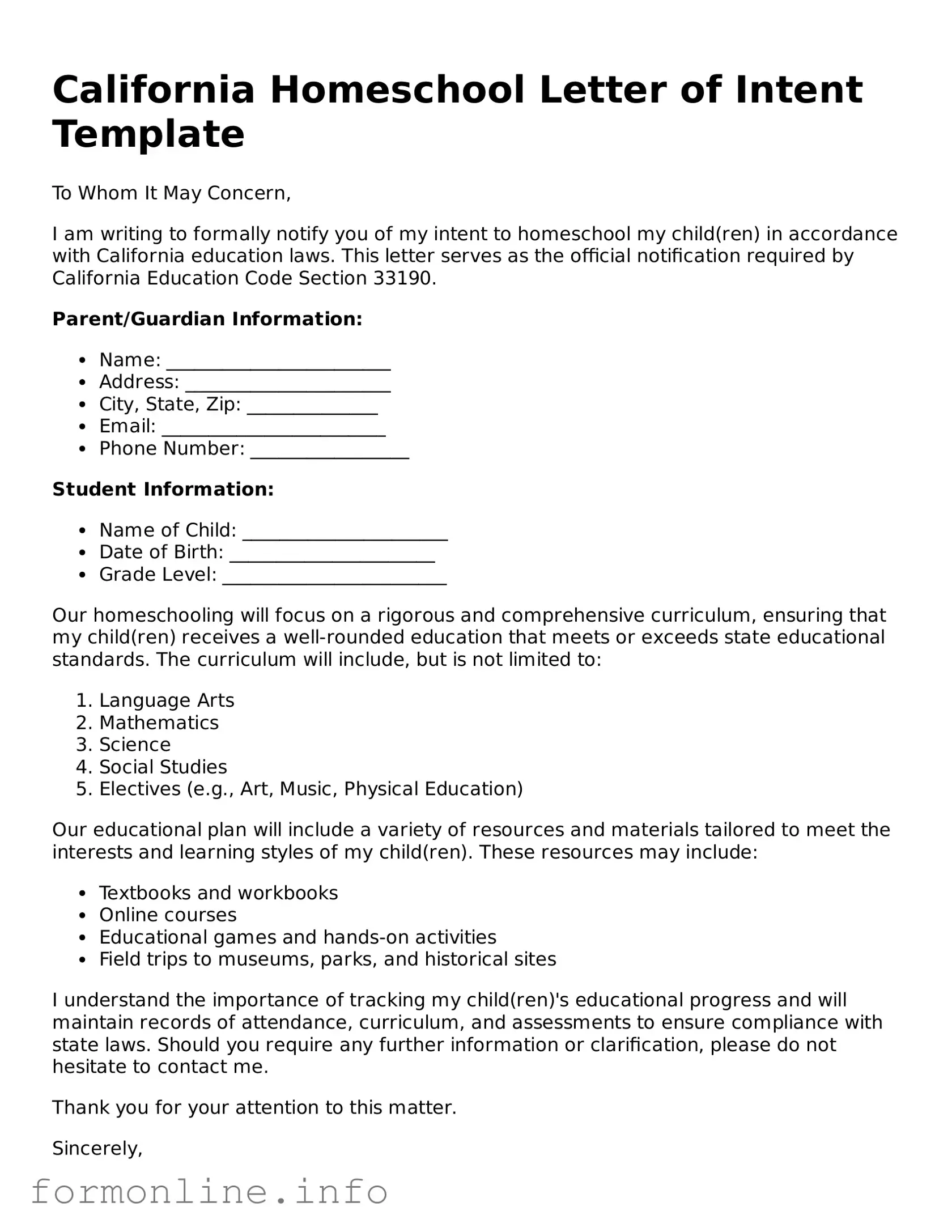 Free Homeschool Letter of Intent Template for California State