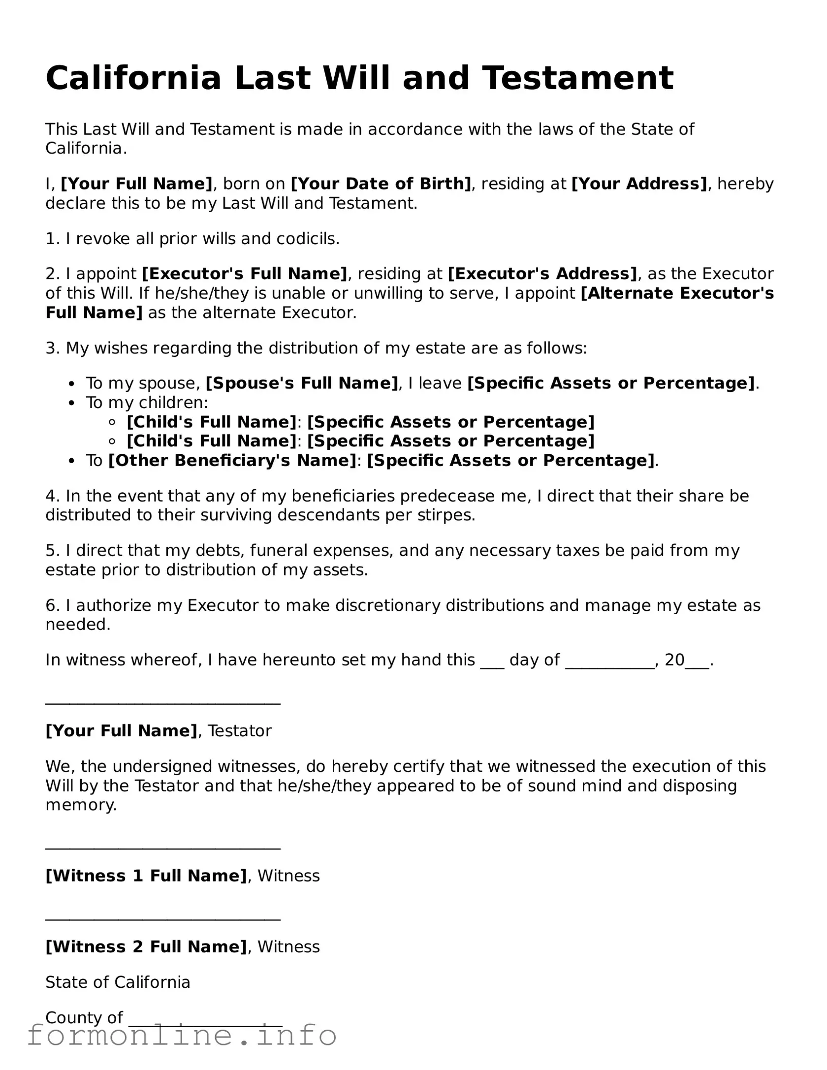 Free Last Will and Testament Template for California State
