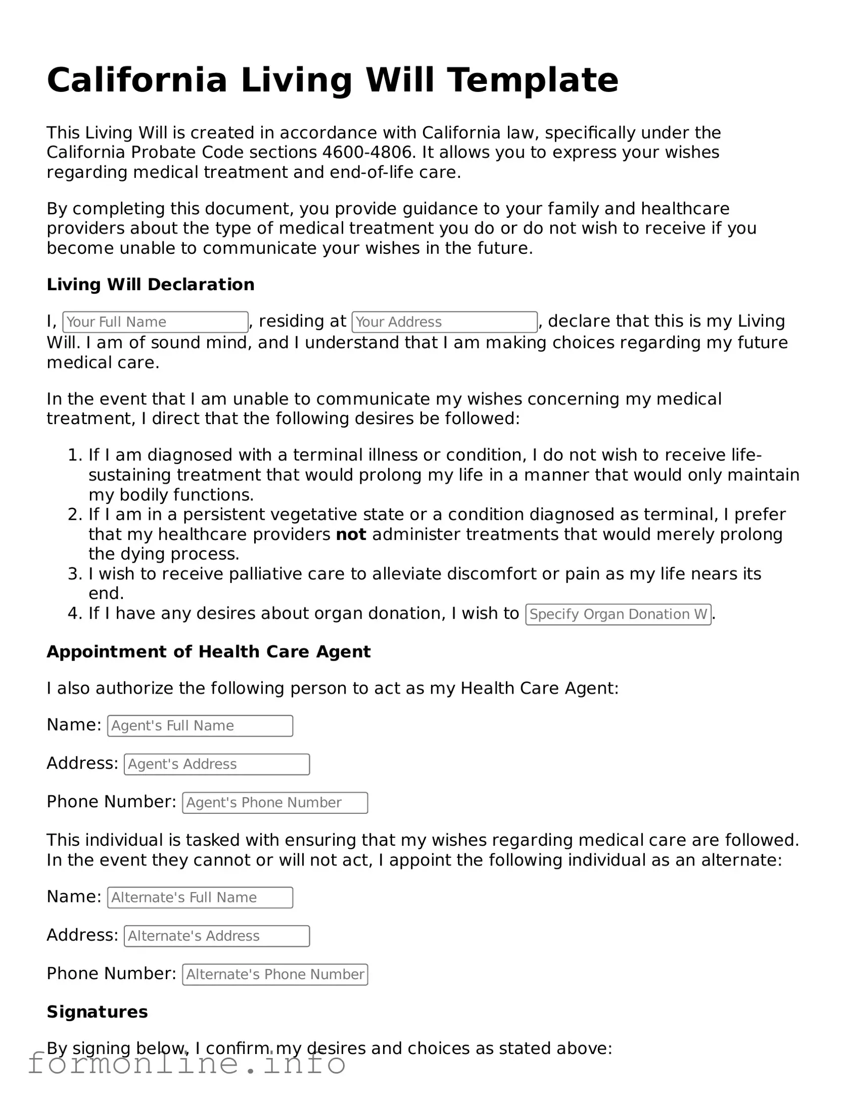 Free Living Will Template for California State