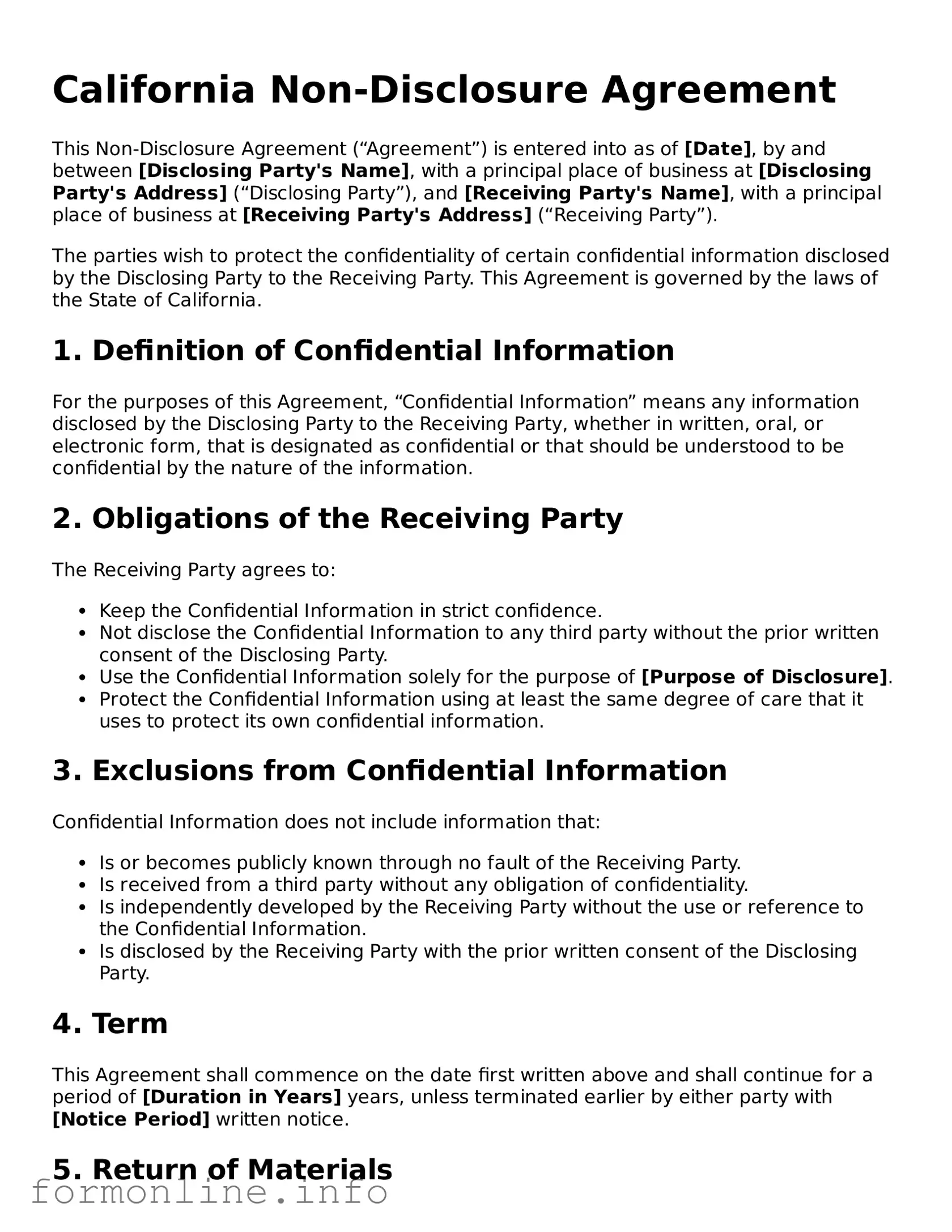 Free Non-disclosure Agreement Template for California State