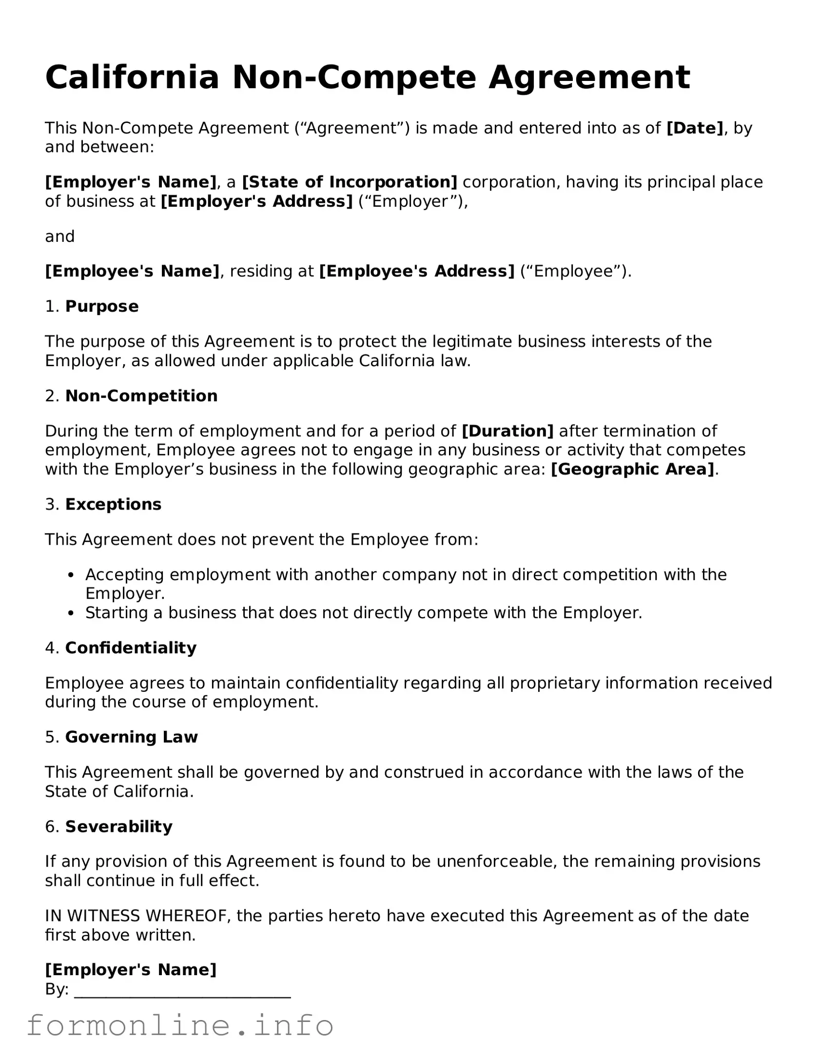Free Non-compete Agreement Template for California State