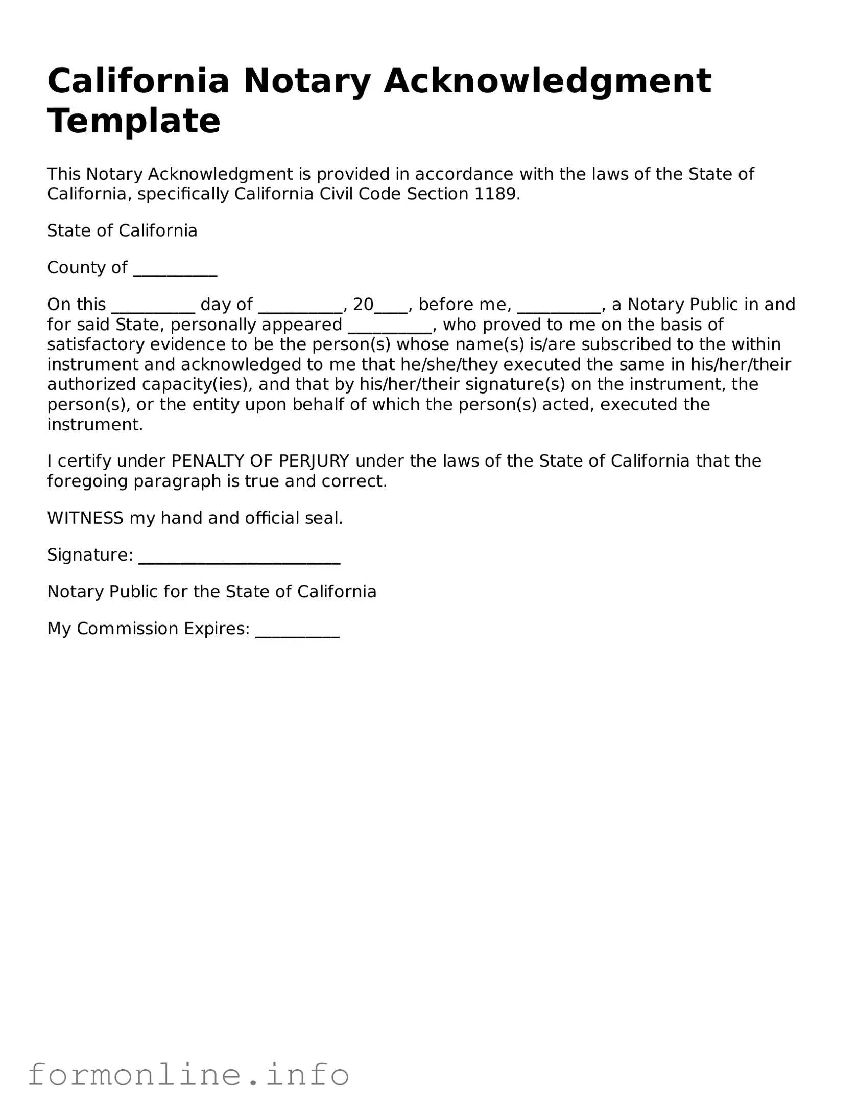 Free Notary Acknowledgement Template for California State