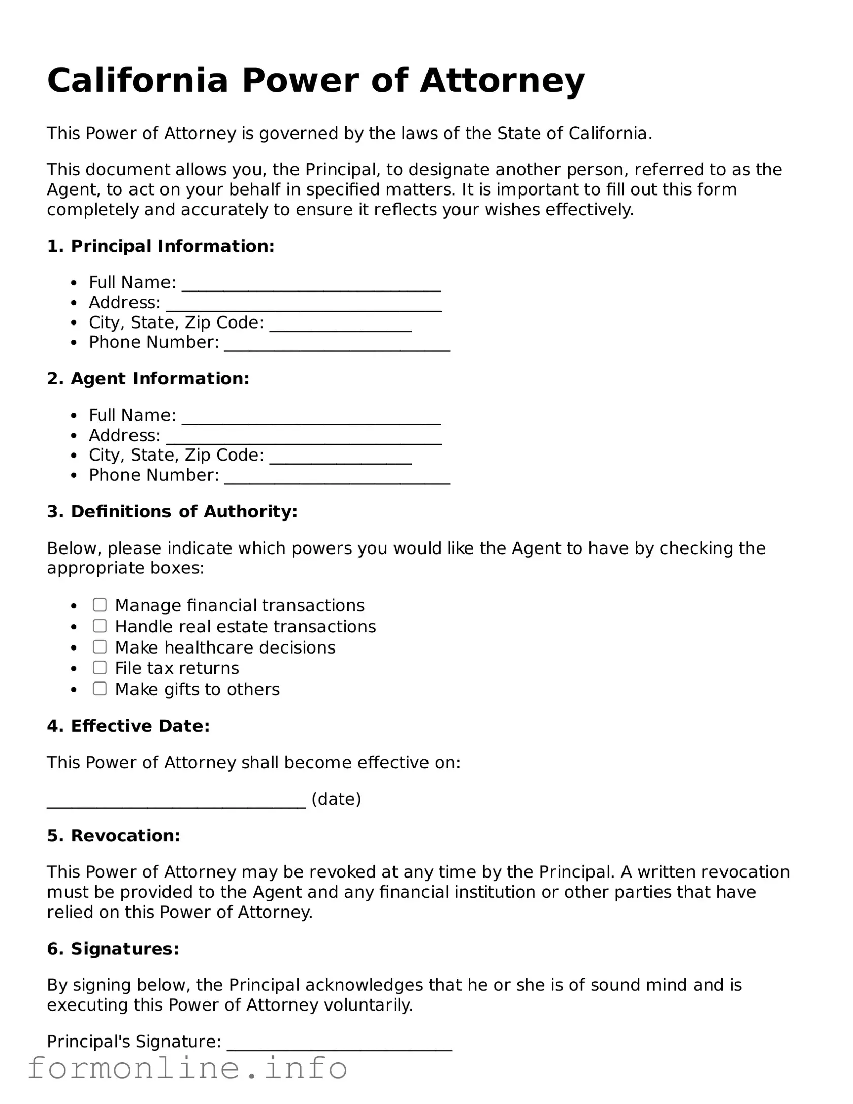 Free Power of Attorney Template for California State