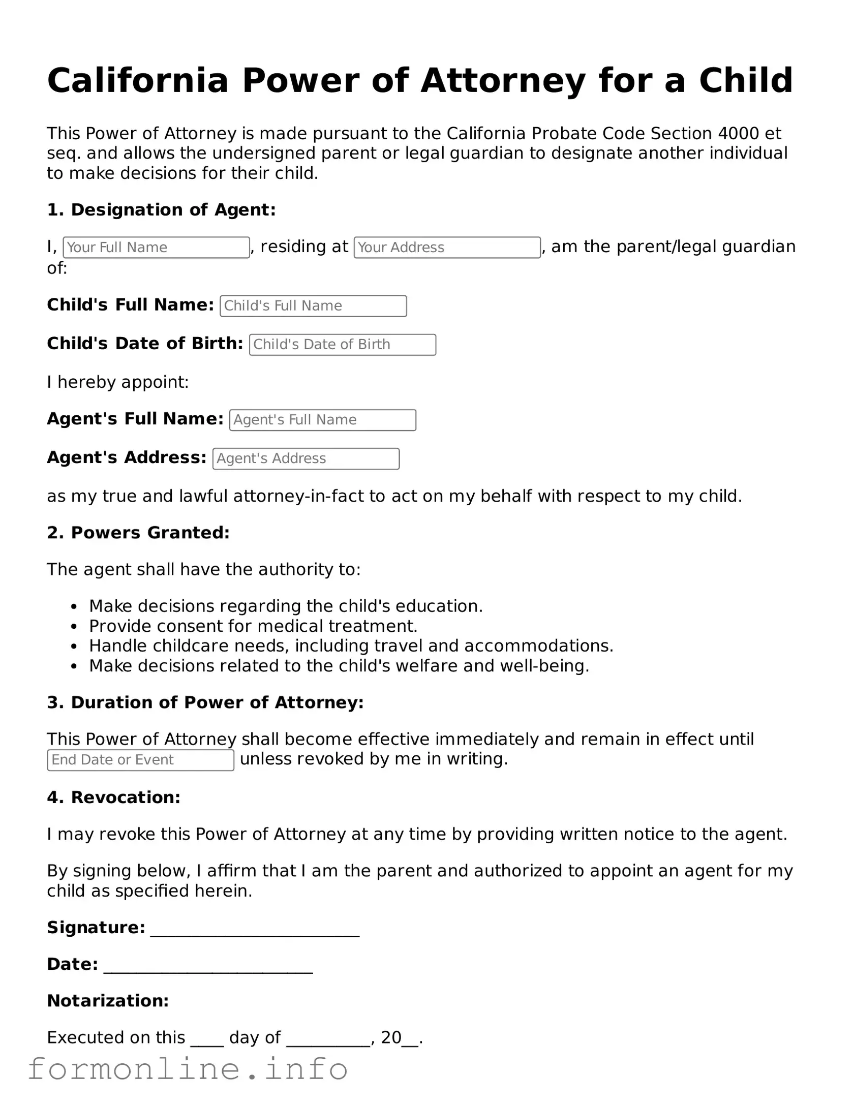 Free Power of Attorney for a Child Template for California State