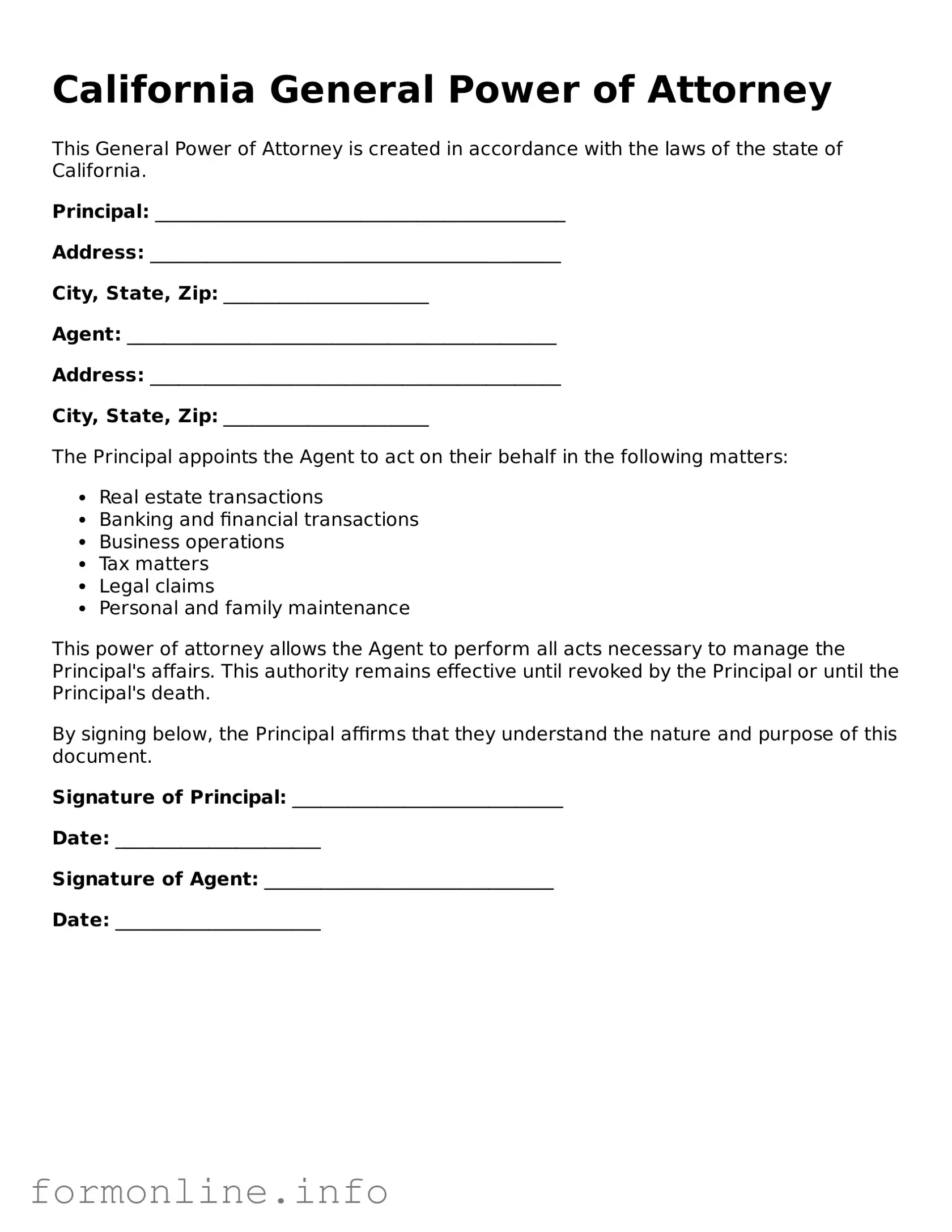 Free General Power of Attorney Template for California State