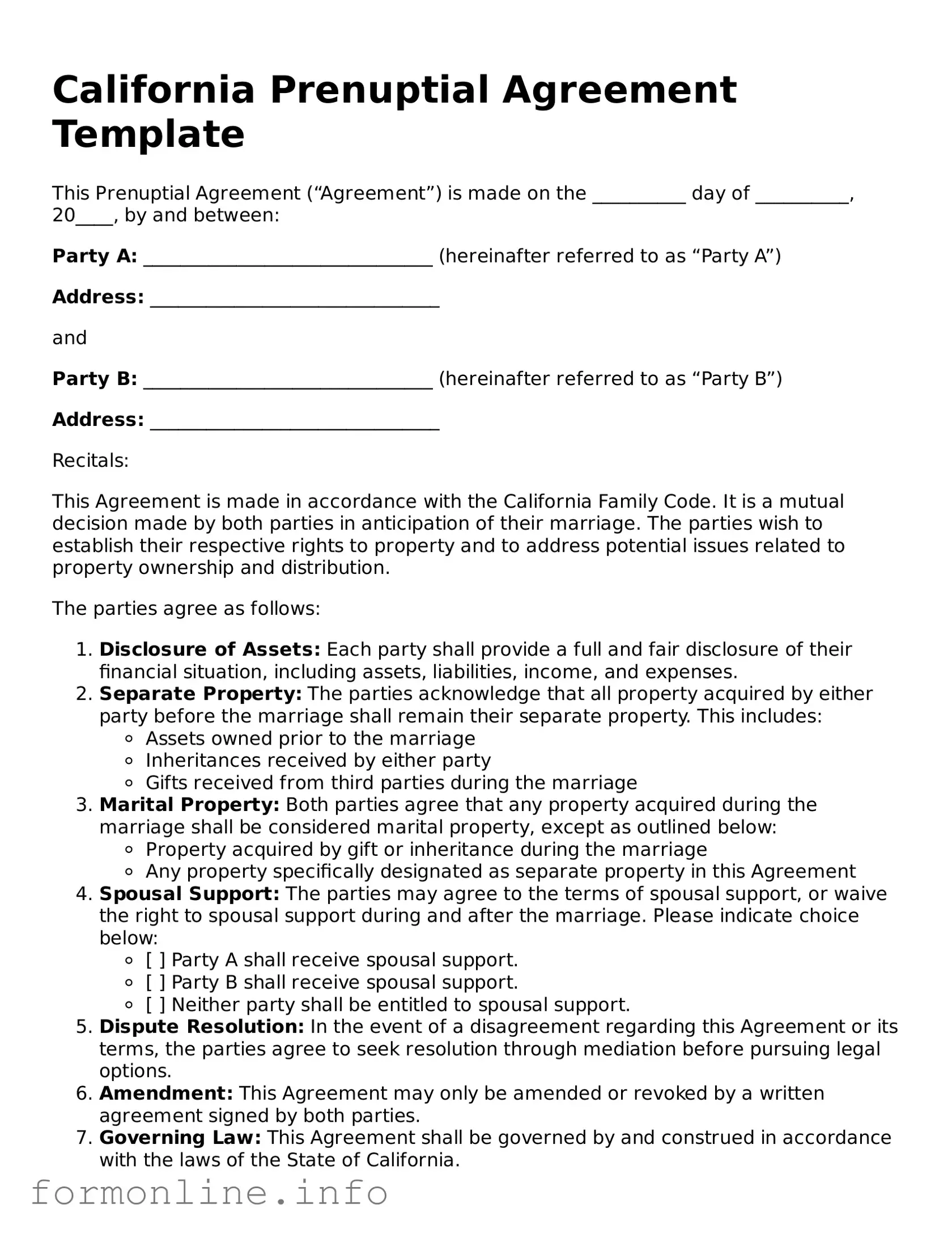 Free Prenuptial Agreement Template for California State
