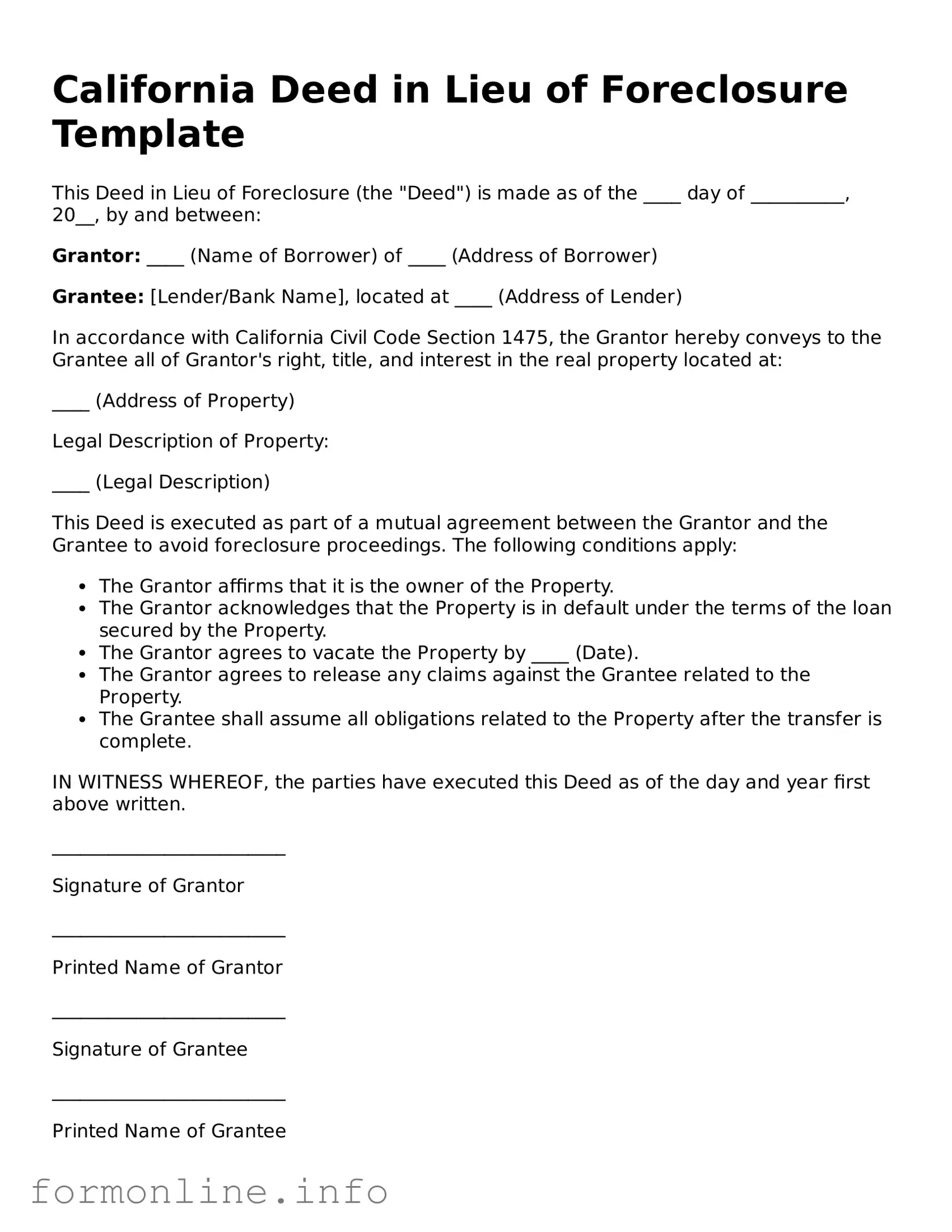 Free Deed in Lieu of Foreclosure Template for California State