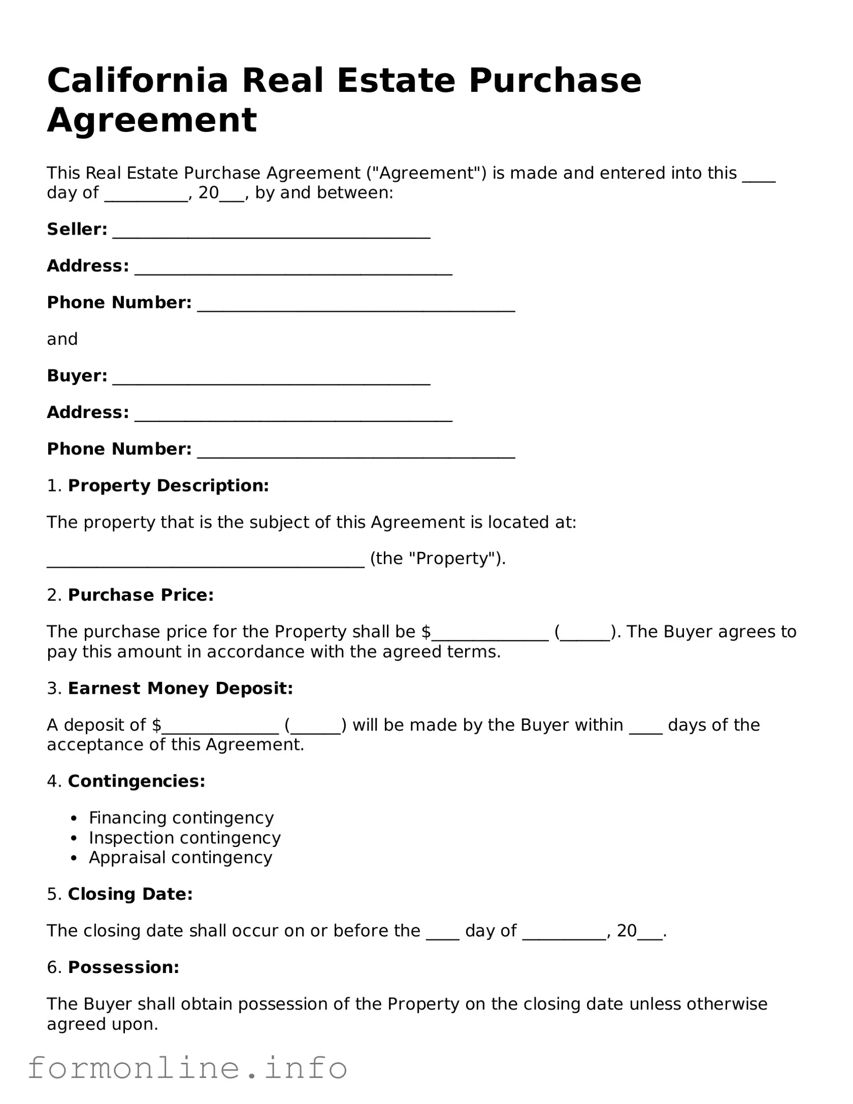 Free Real Estate Purchase Agreement Template for California State