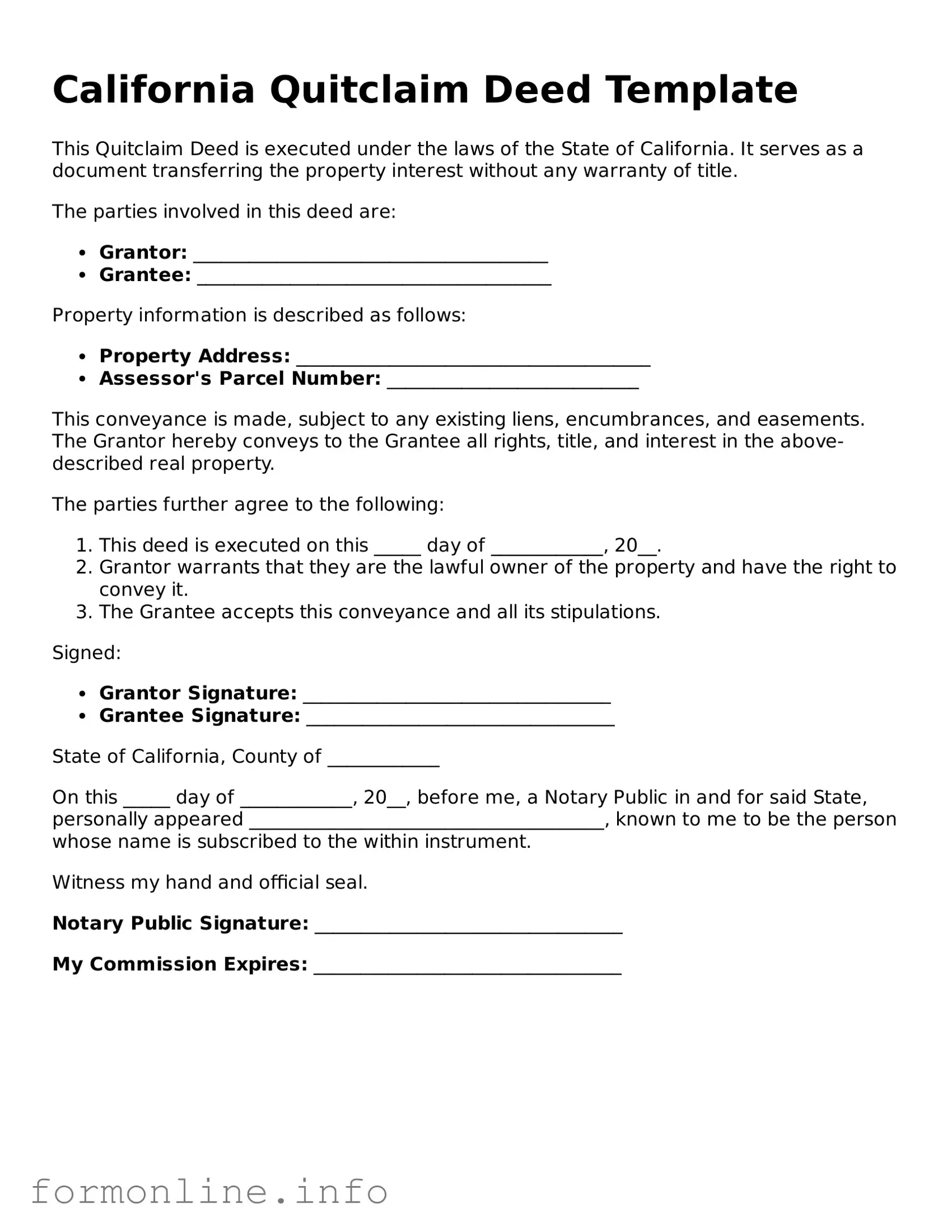 Free Quitclaim Deed Template for California State