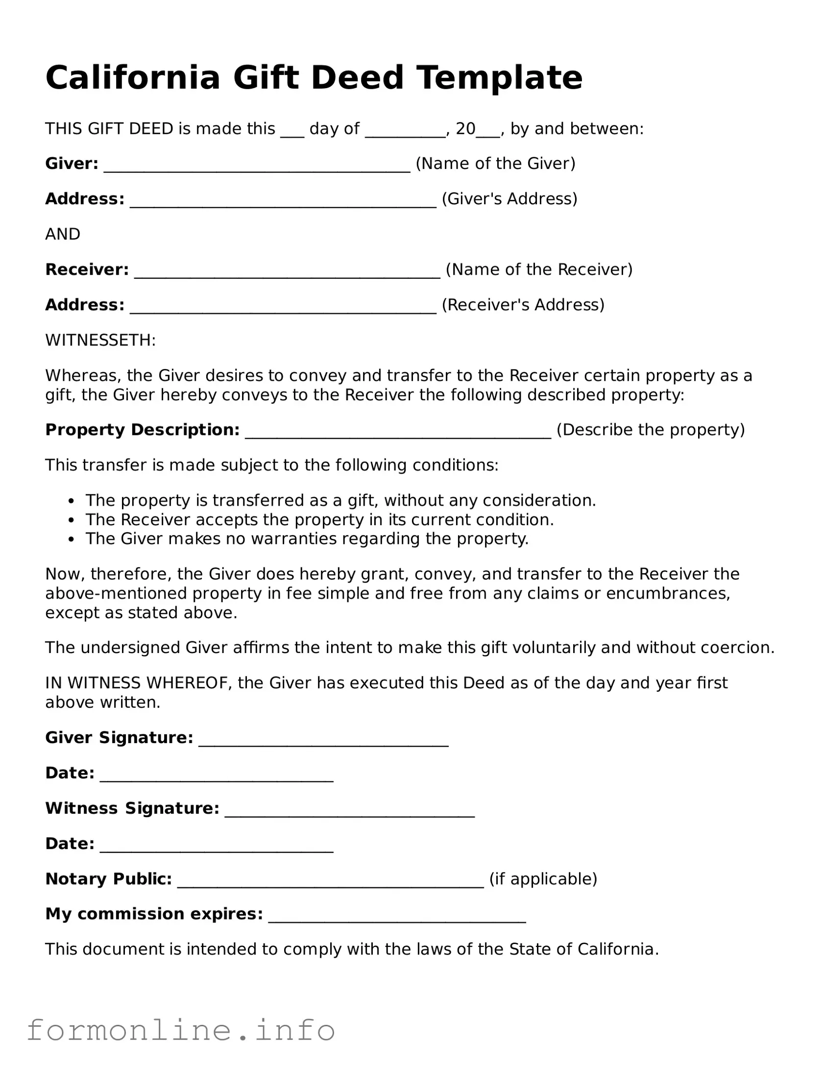 Free Gift Deed Template for California State