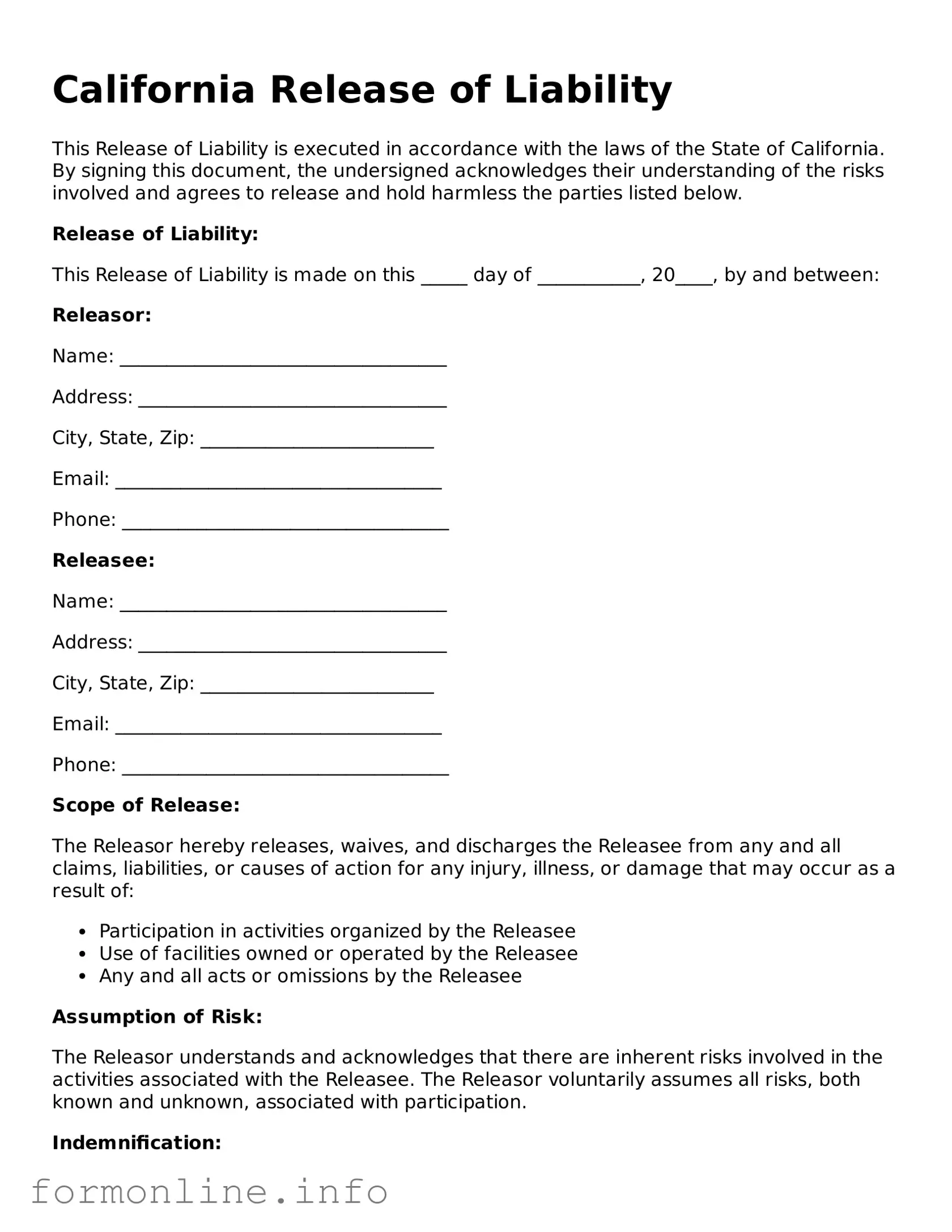 Free Release of Liability Template for California State
