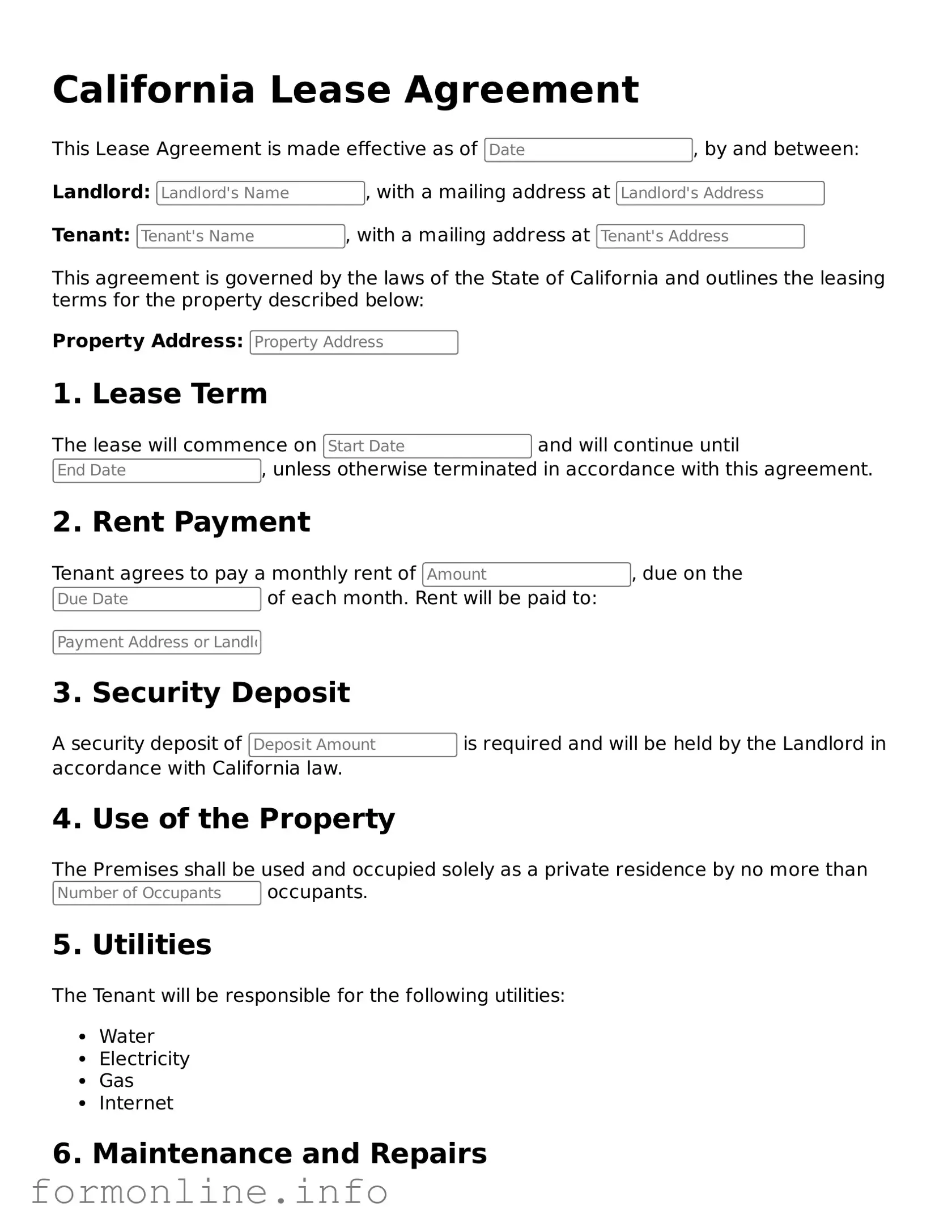 Free Lease Agreement Template for California State