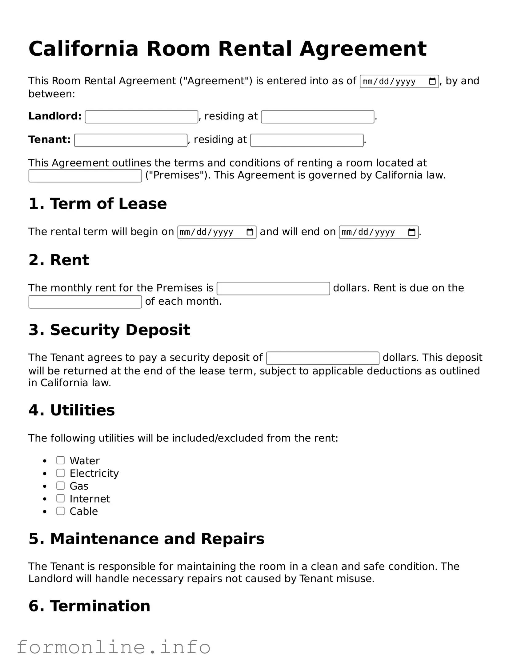 Free Room Rental Agreement Template for California State