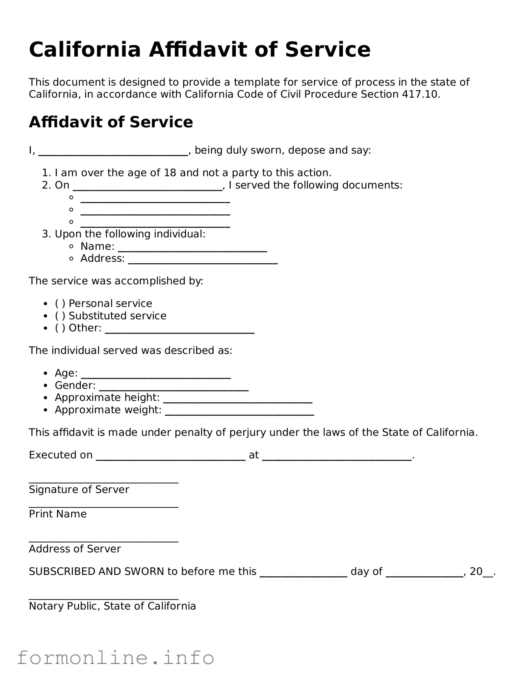 Free Affidavit of Service Template for California State