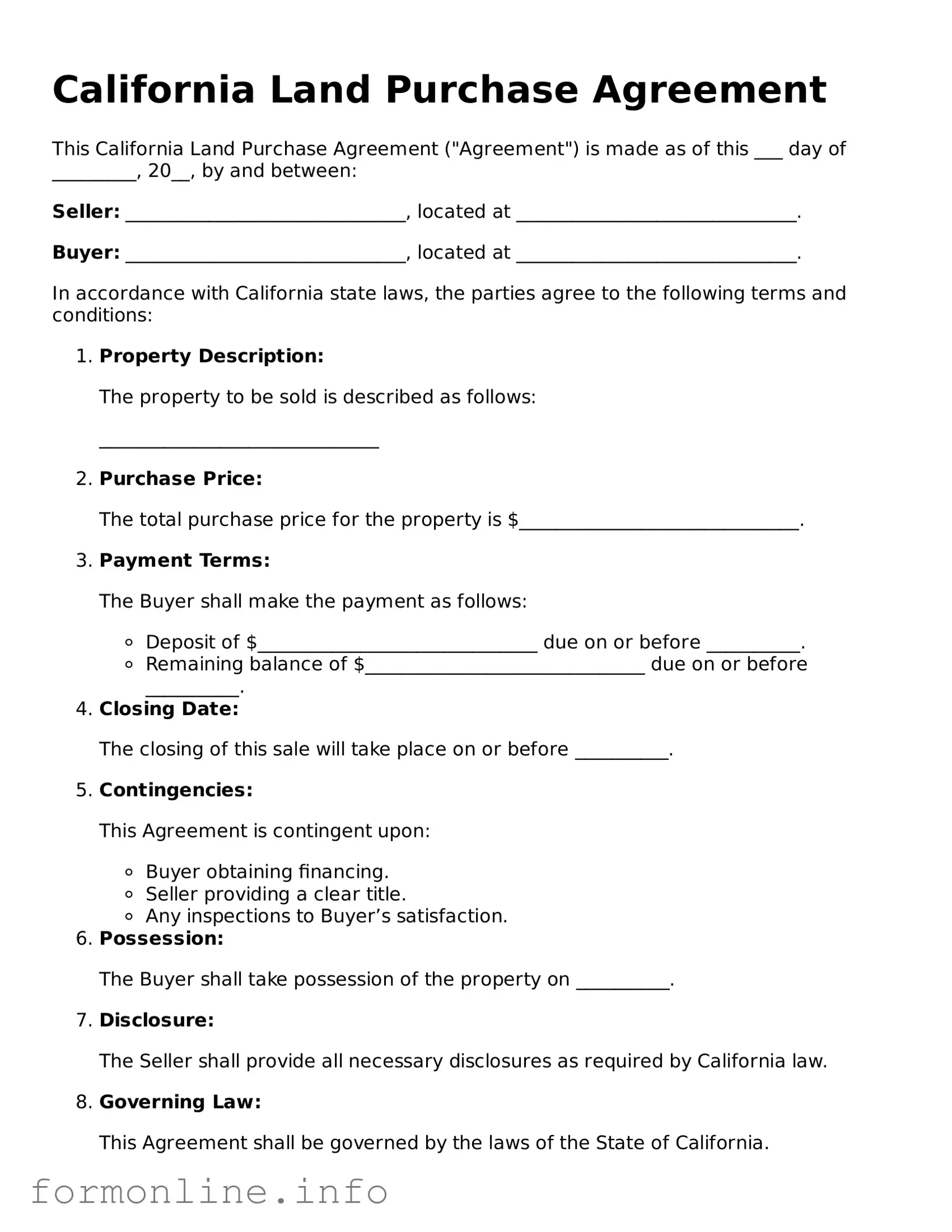 Free Land Purchase Agreement Template for California State