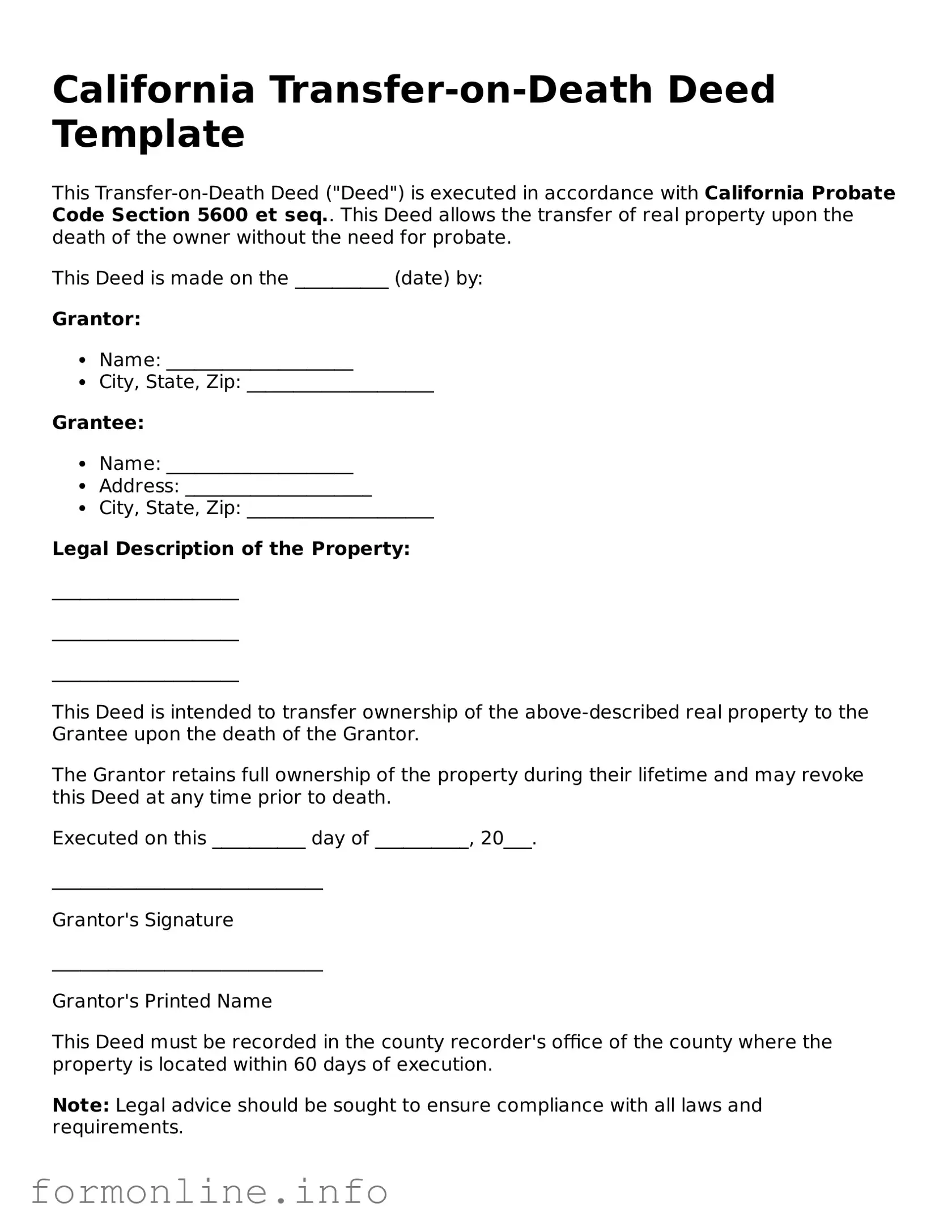 Free Transfer-on-Death Deed Template for California State