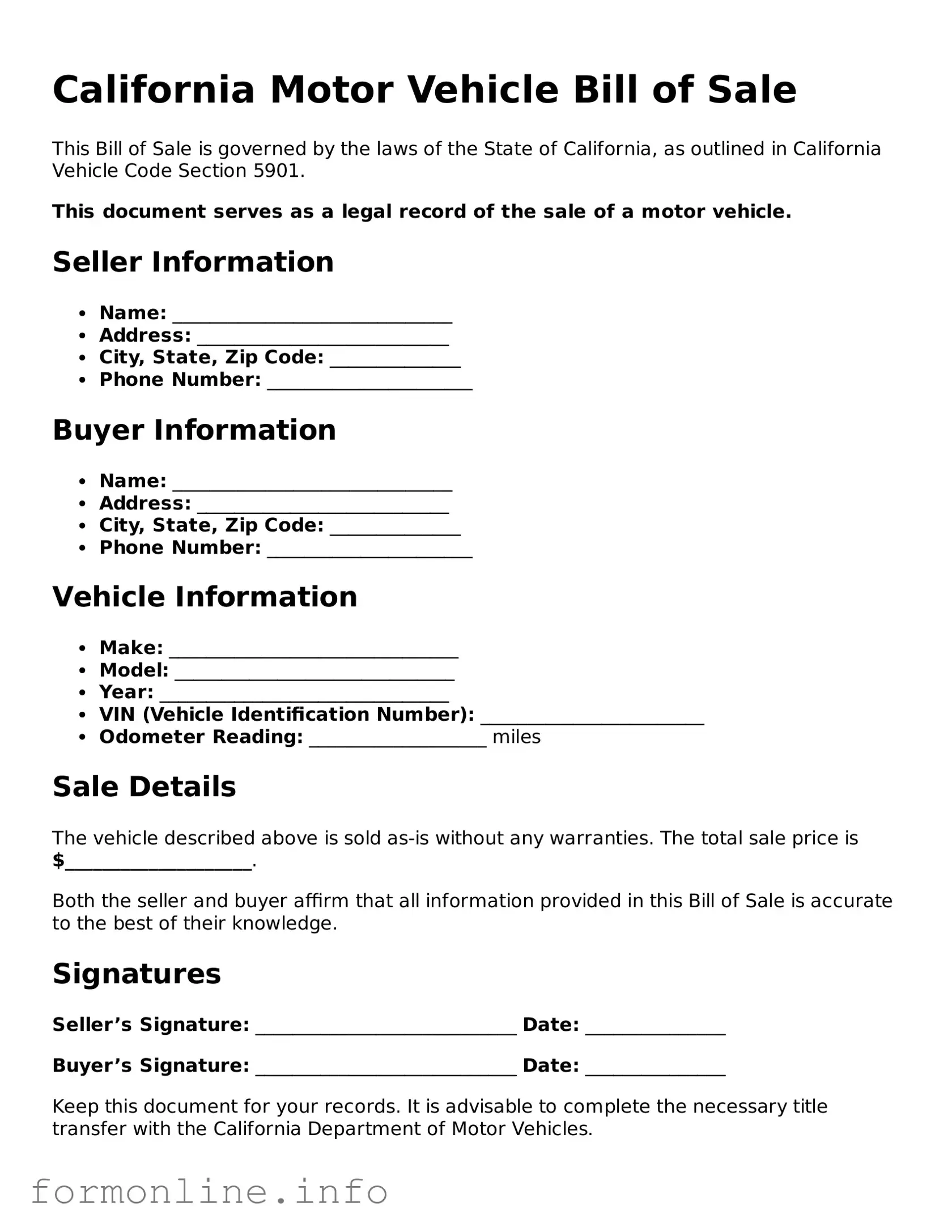 Free Motor Vehicle Bill of Sale Template for California State