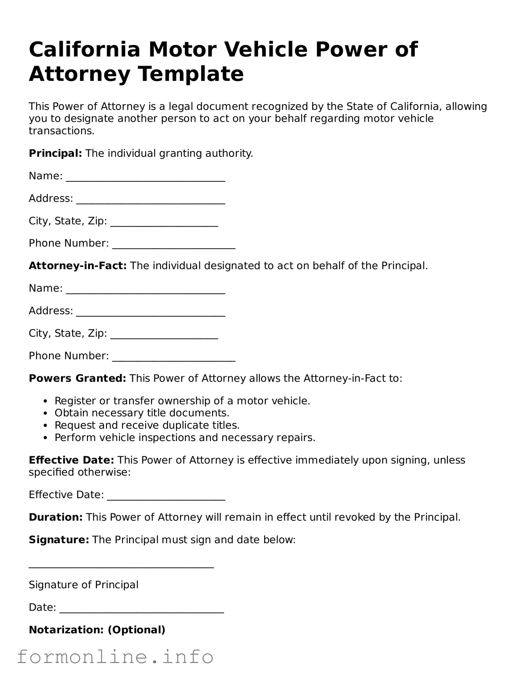 Free Motor Vehicle Power of Attorney Template for California State