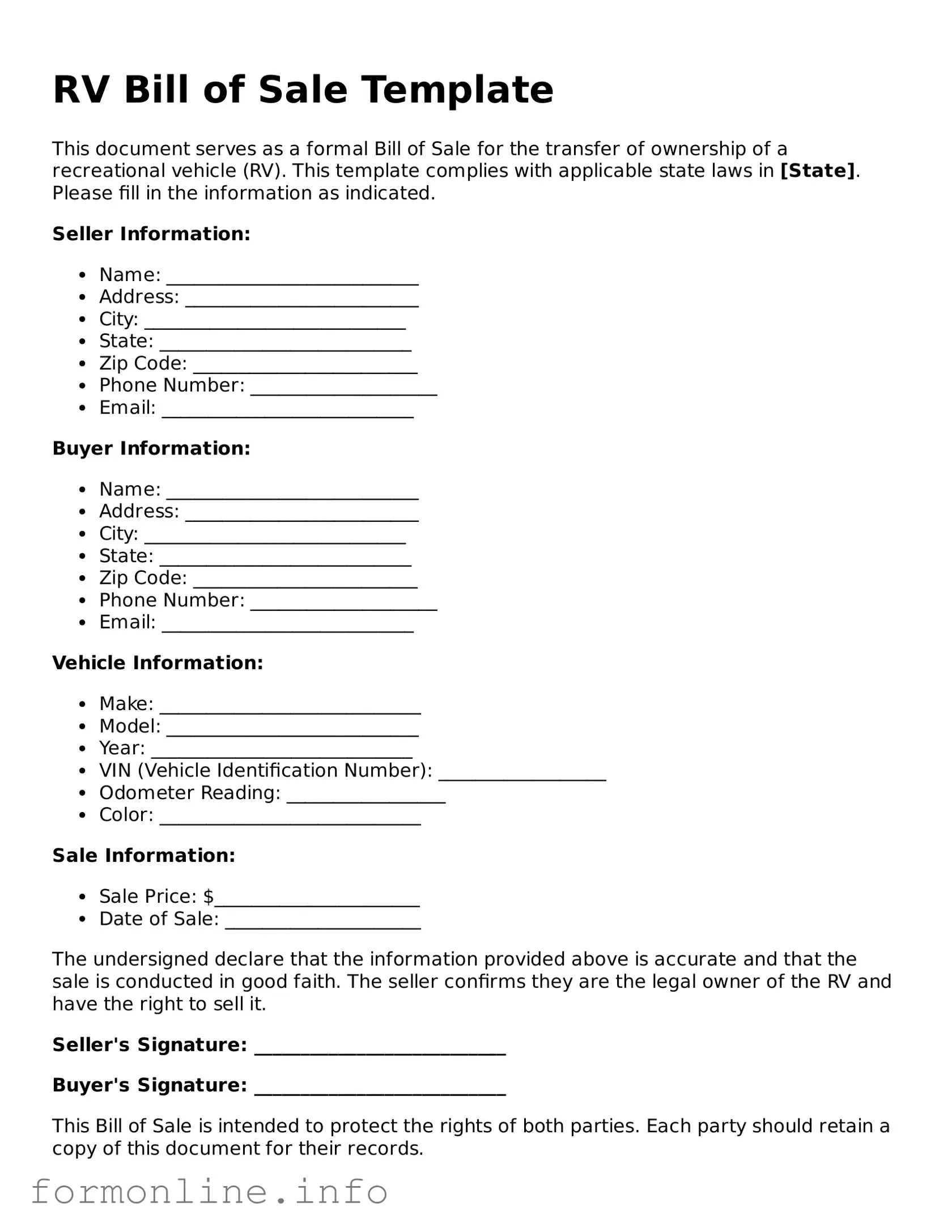 Printable RV Bill of Sale Form