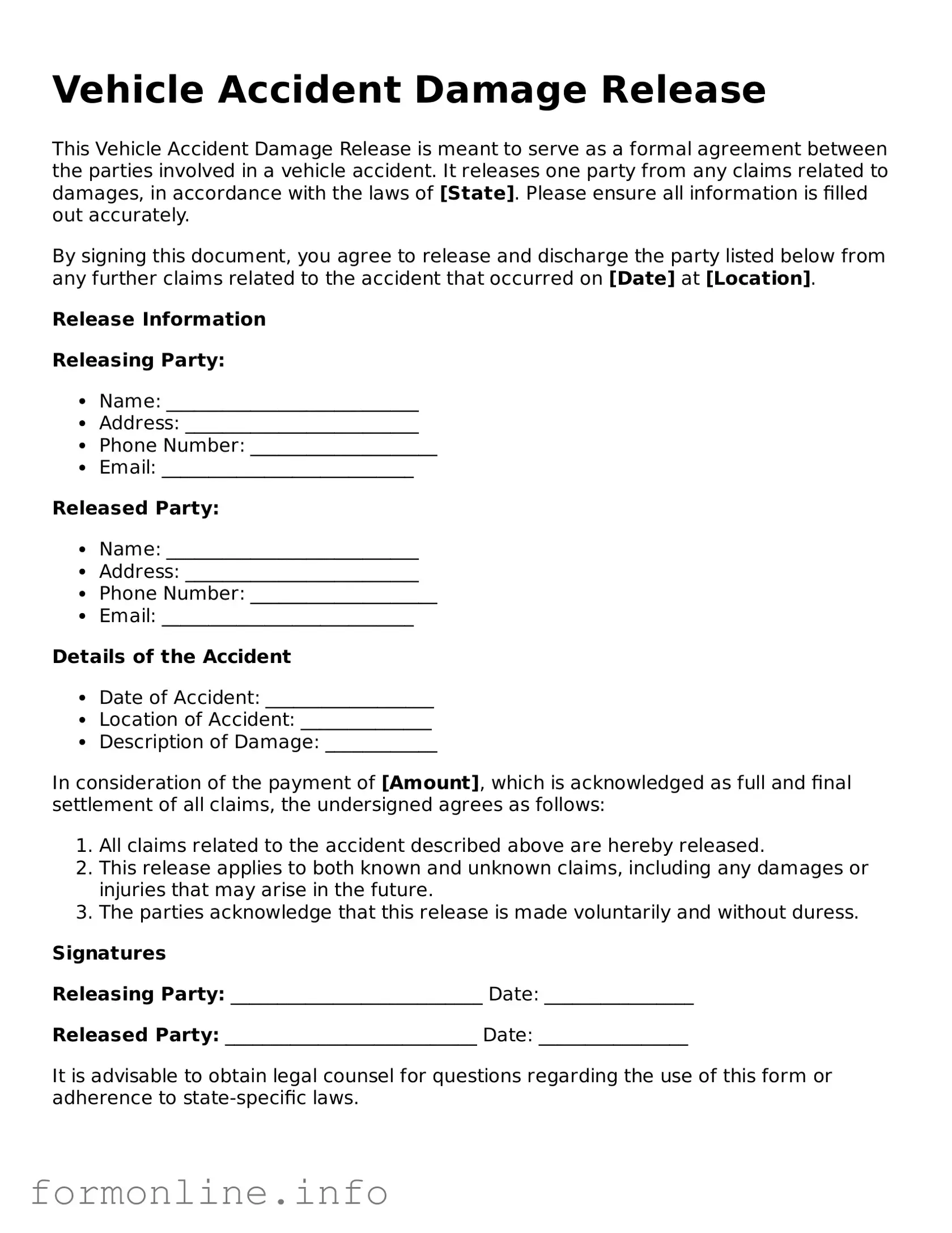 Printable Vehicle Accident Damage Release Form