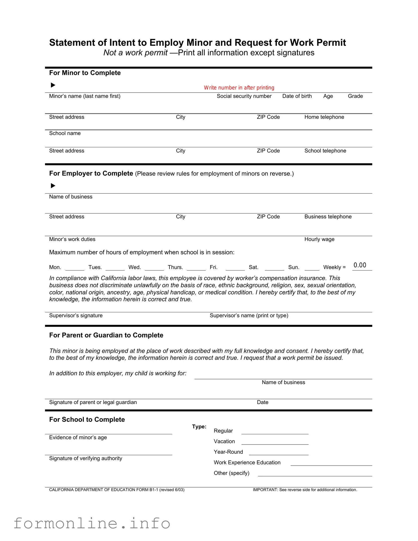 Fill Out a Valid Statement of Intent to Employ Minor and Request for Work Permit Form