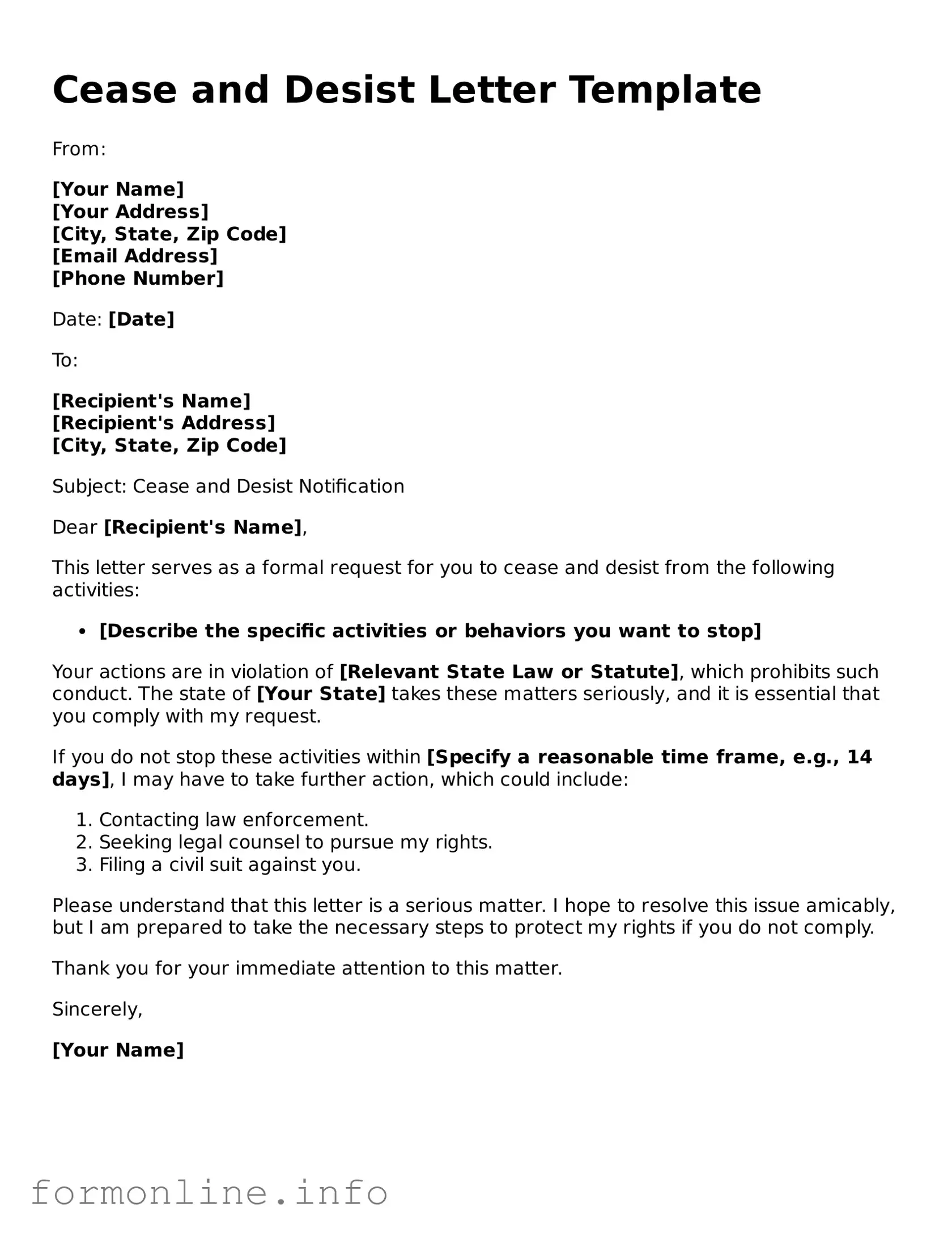 Printable Cease and Desist Letter Form