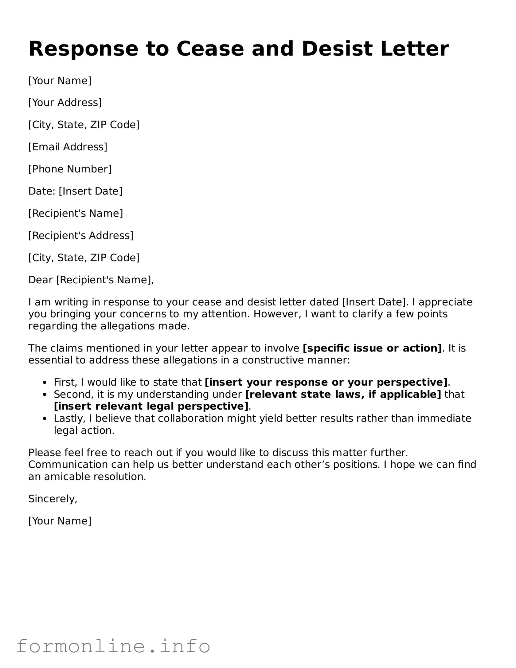 Printable Response to a Cease and Desist Letter Form