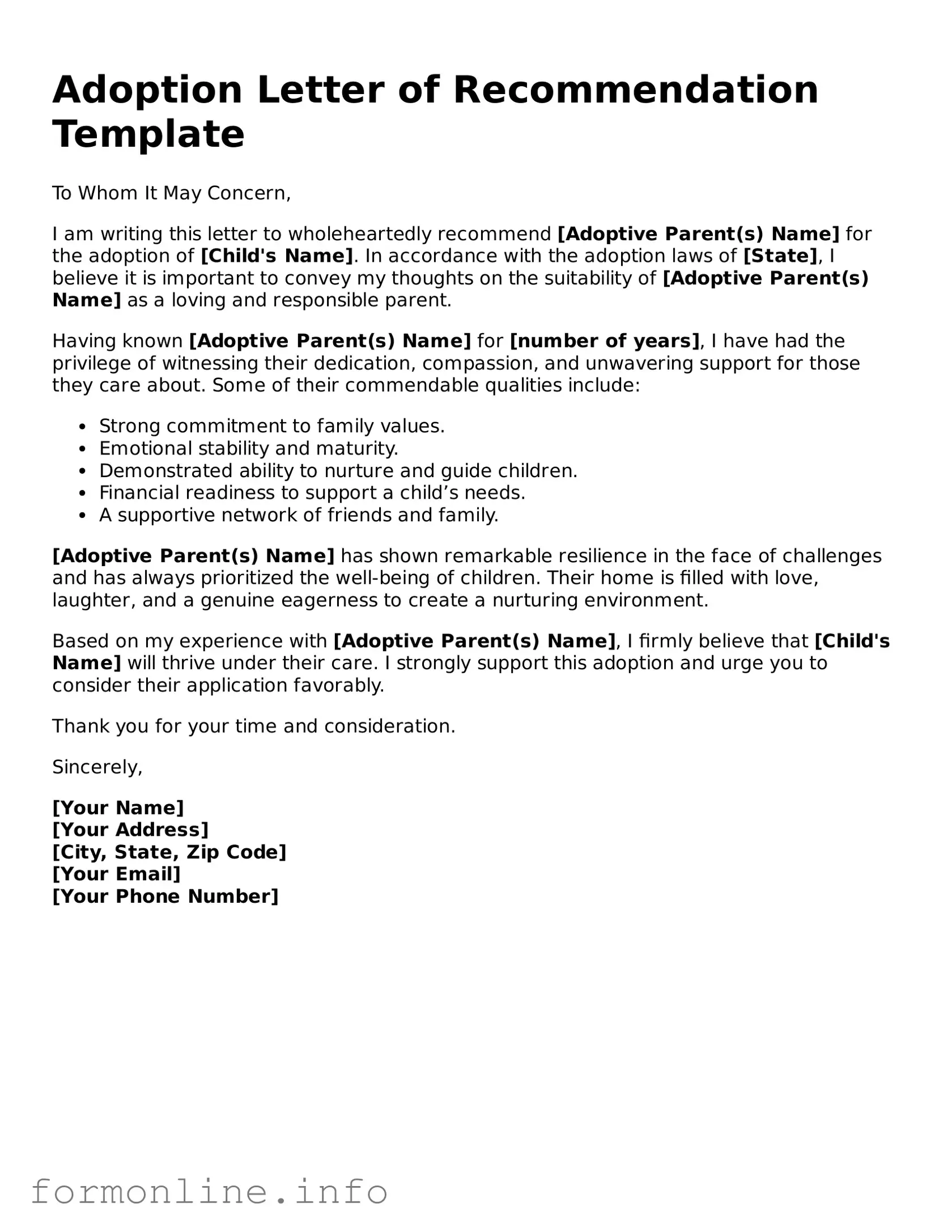 Printable Adoption Letter of Recommendation Form
