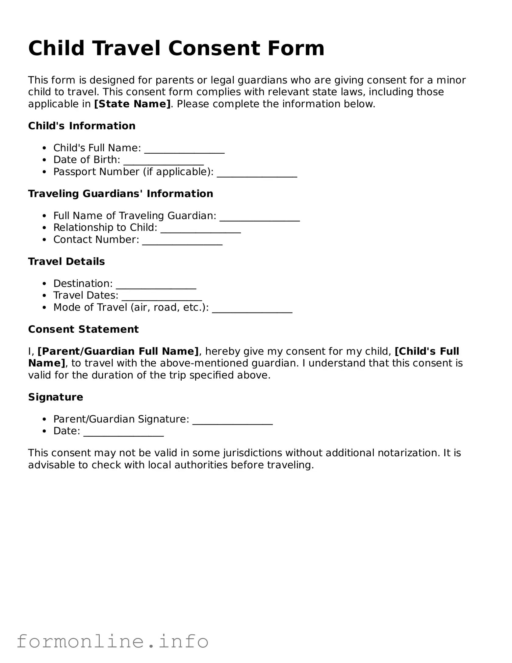 Printable Child Travel Consent Form Form