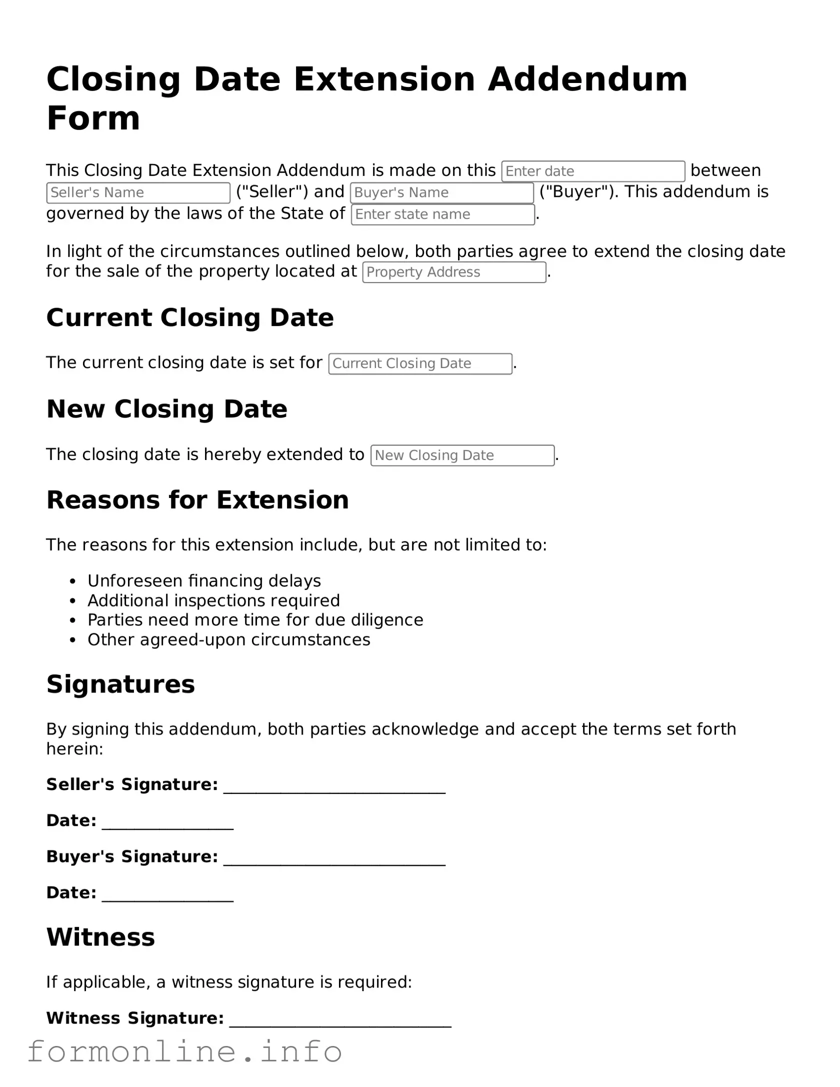 Printable Closing Date Extension Addendum Form Form
