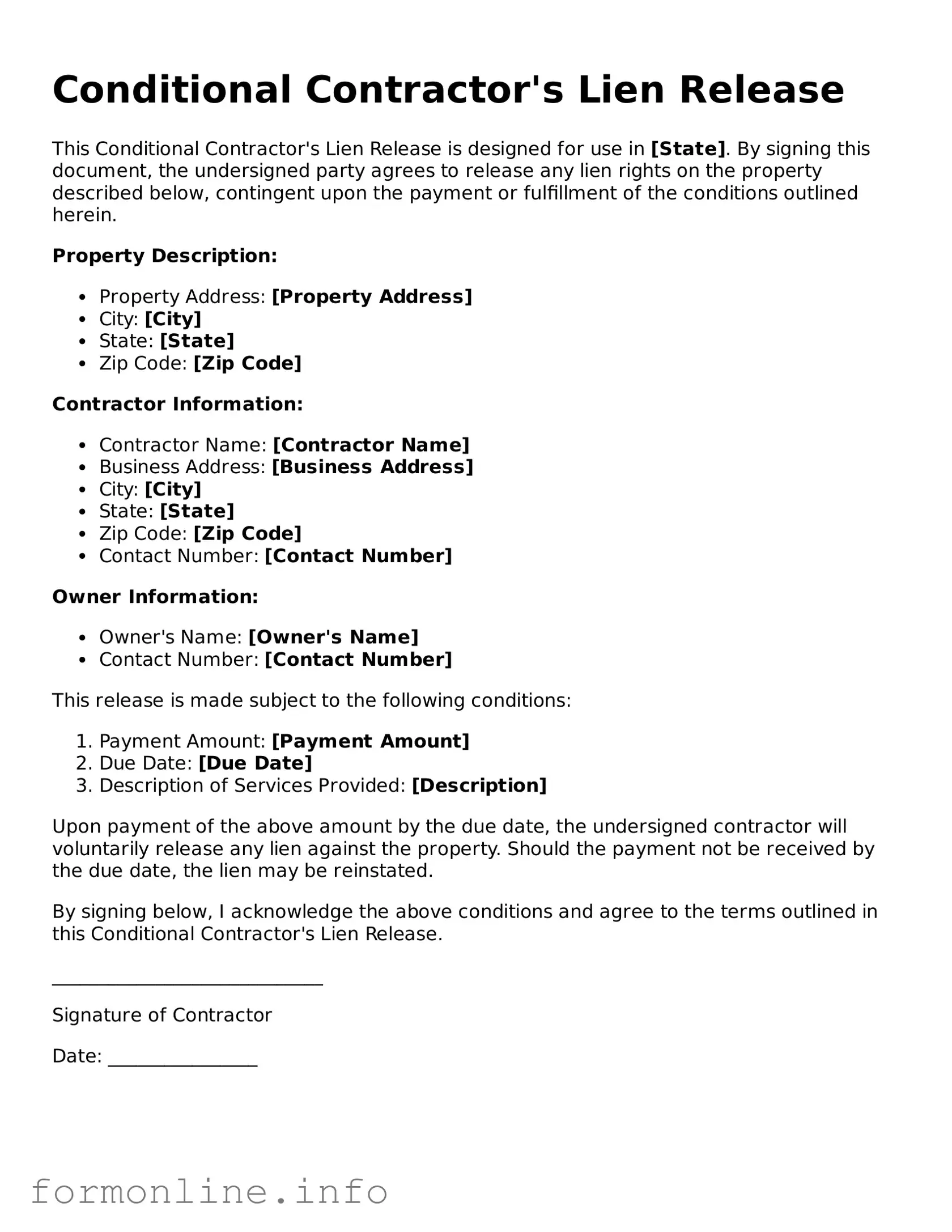 Printable Conditional Contractor’s Lien Release Form