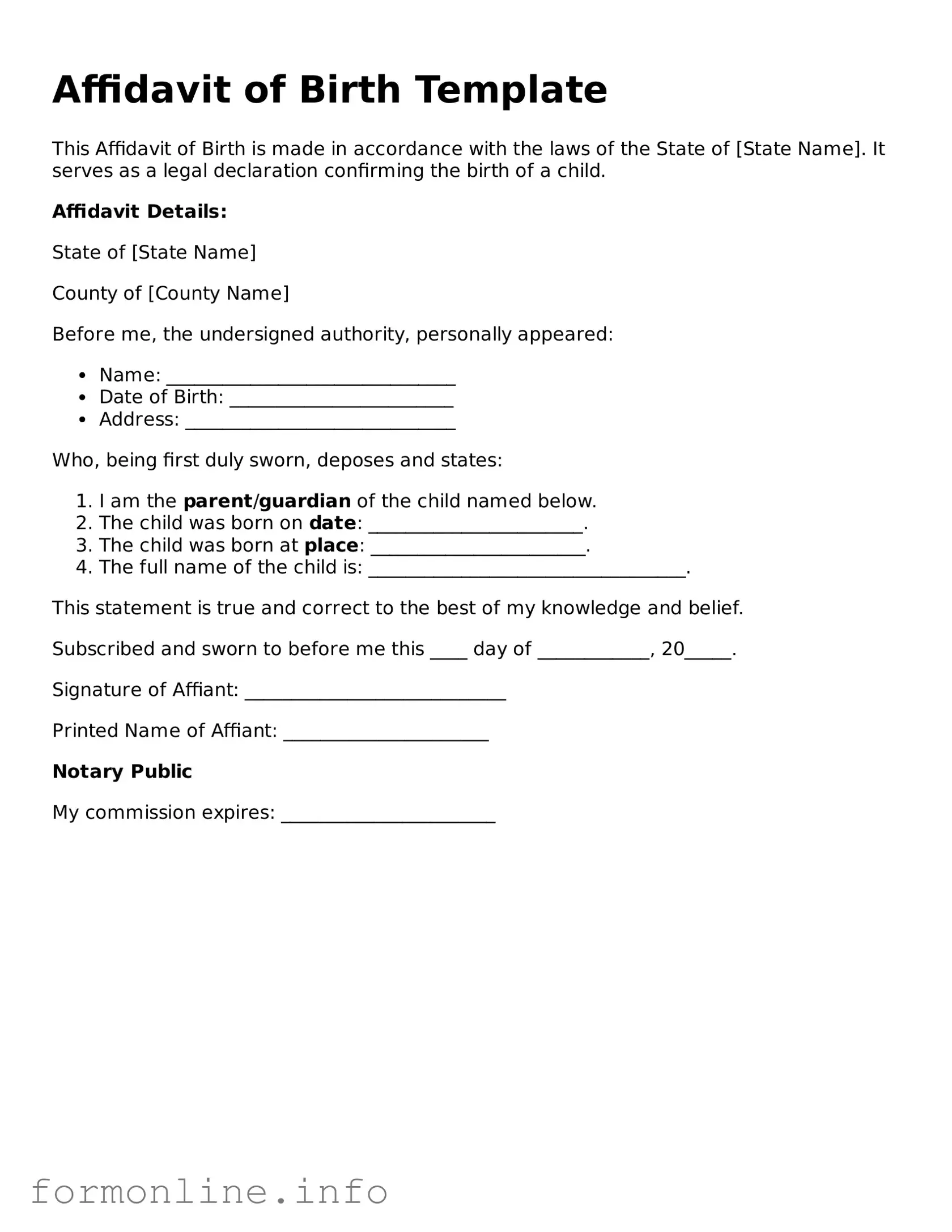 Printable Affidavit of Birth Form