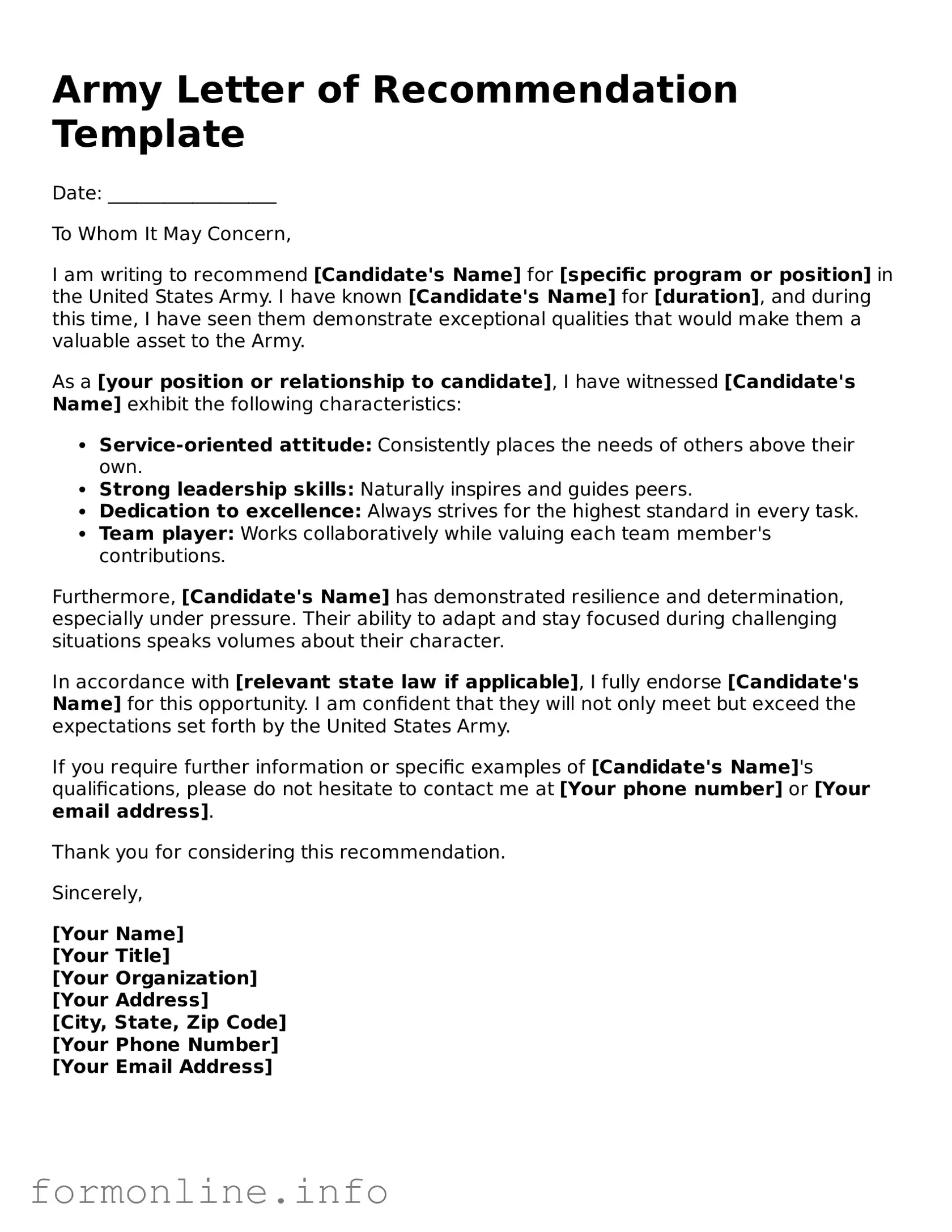 Printable Army Letter of Recommendation Form