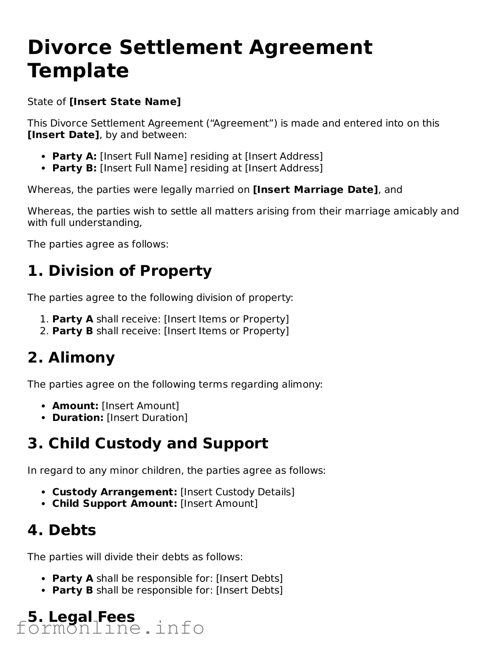 Printable Divorce Settlement Agreement Form