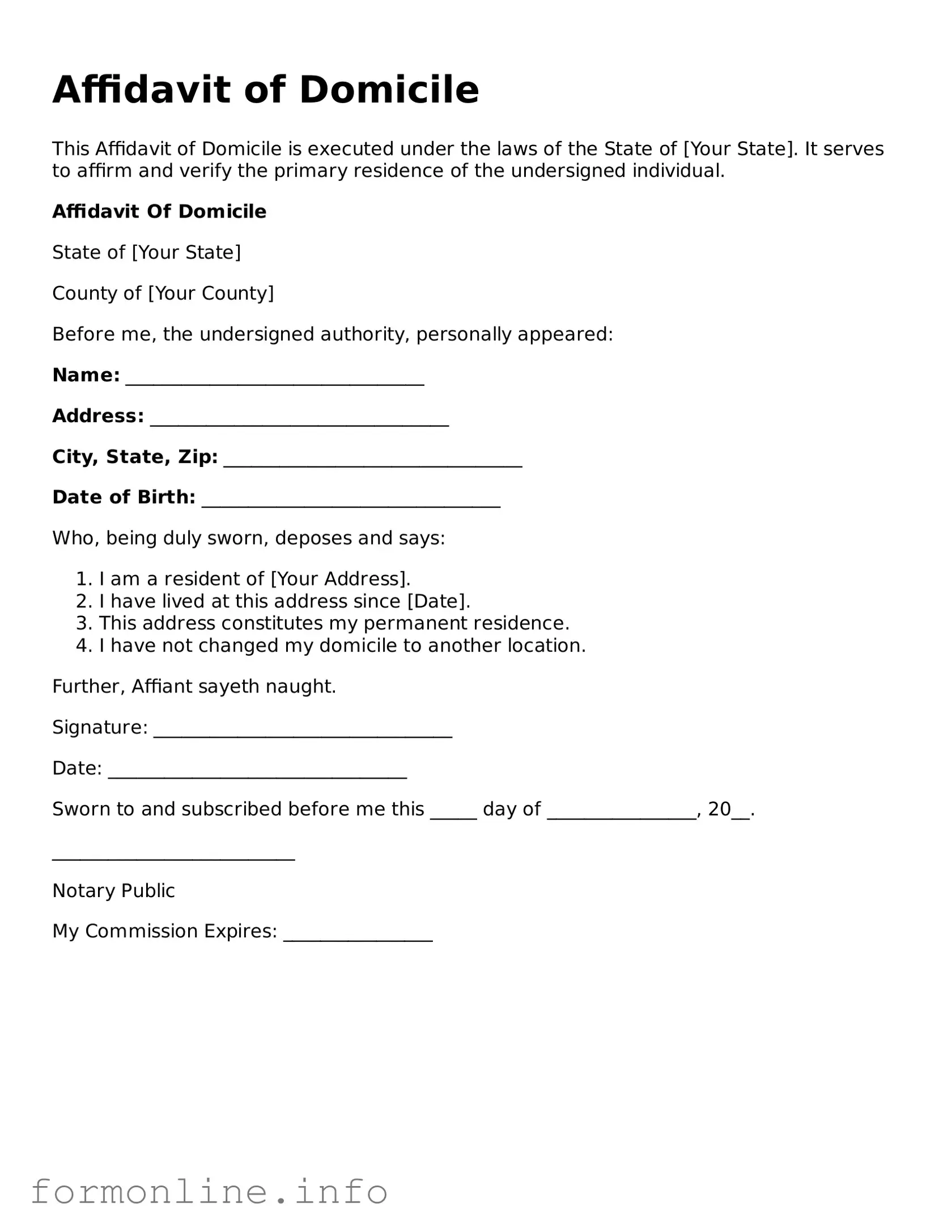 Printable Affidavit of Domicile Form