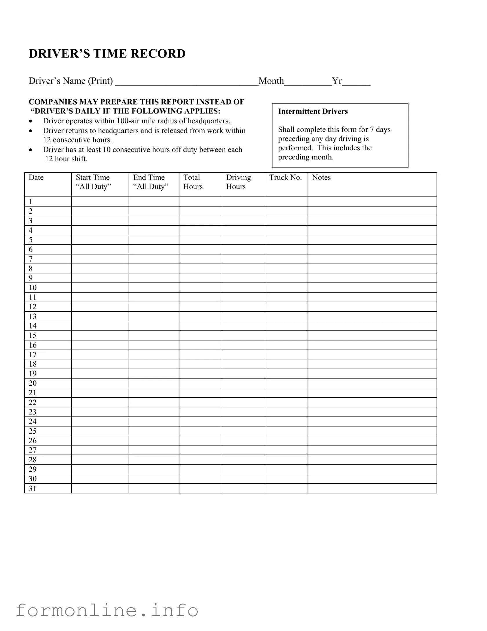 Fill Out a Valid Driver Time Record Form