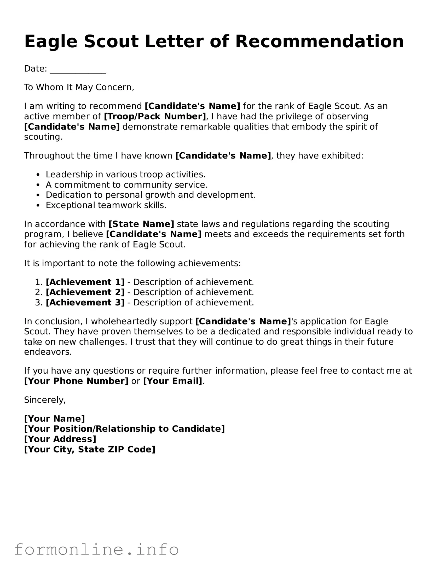Printable Eagle Scout Letter of Recommendation Form