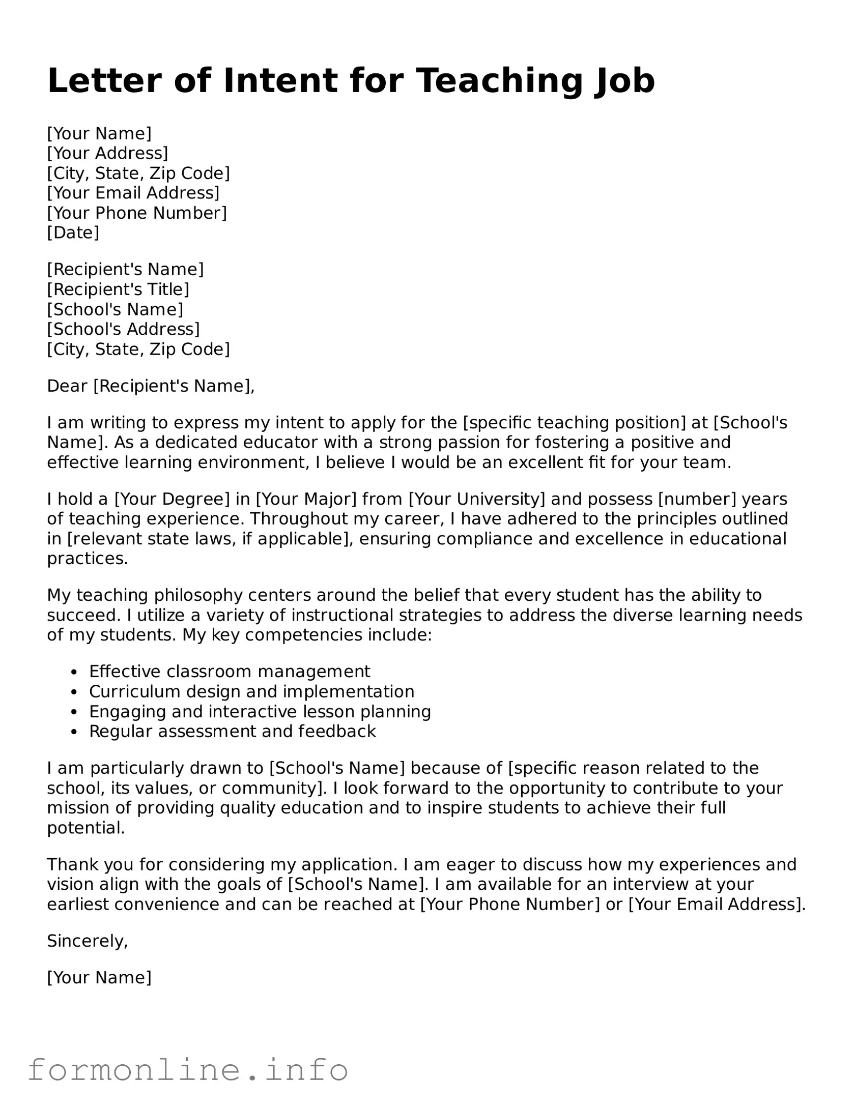 Printable Letter of Intent for a Teaching Job Form
