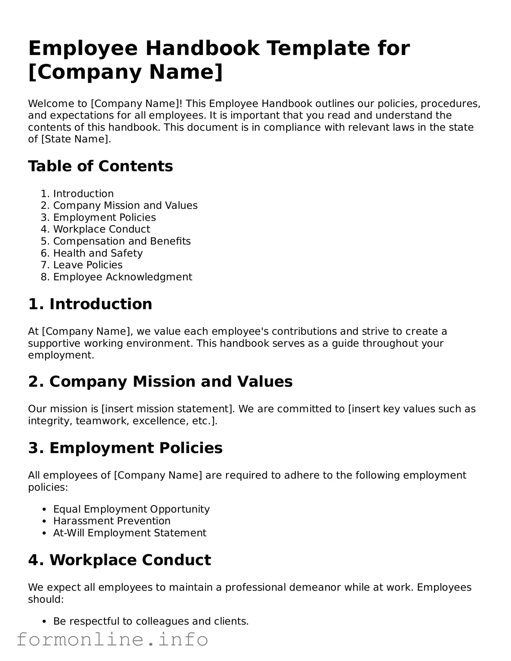 Printable Employee Handbook Form