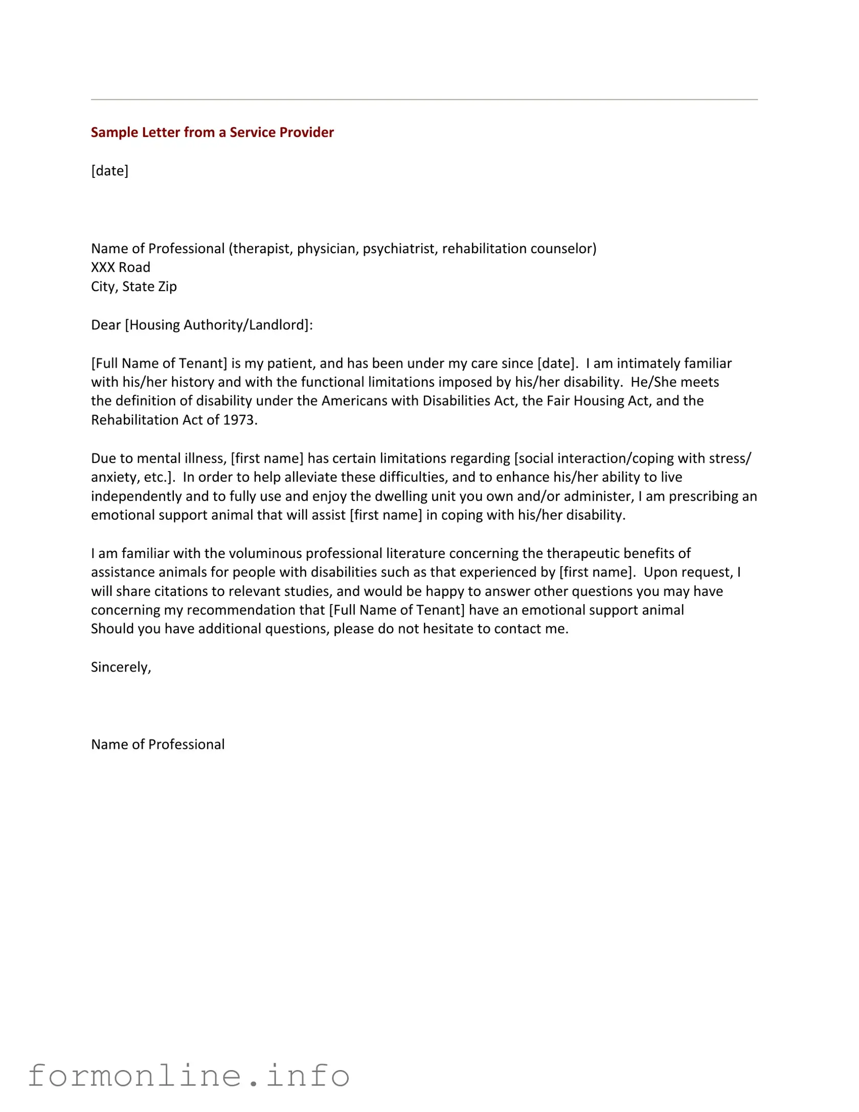 Fill Out a Valid Emotional Support Animal Letter Form