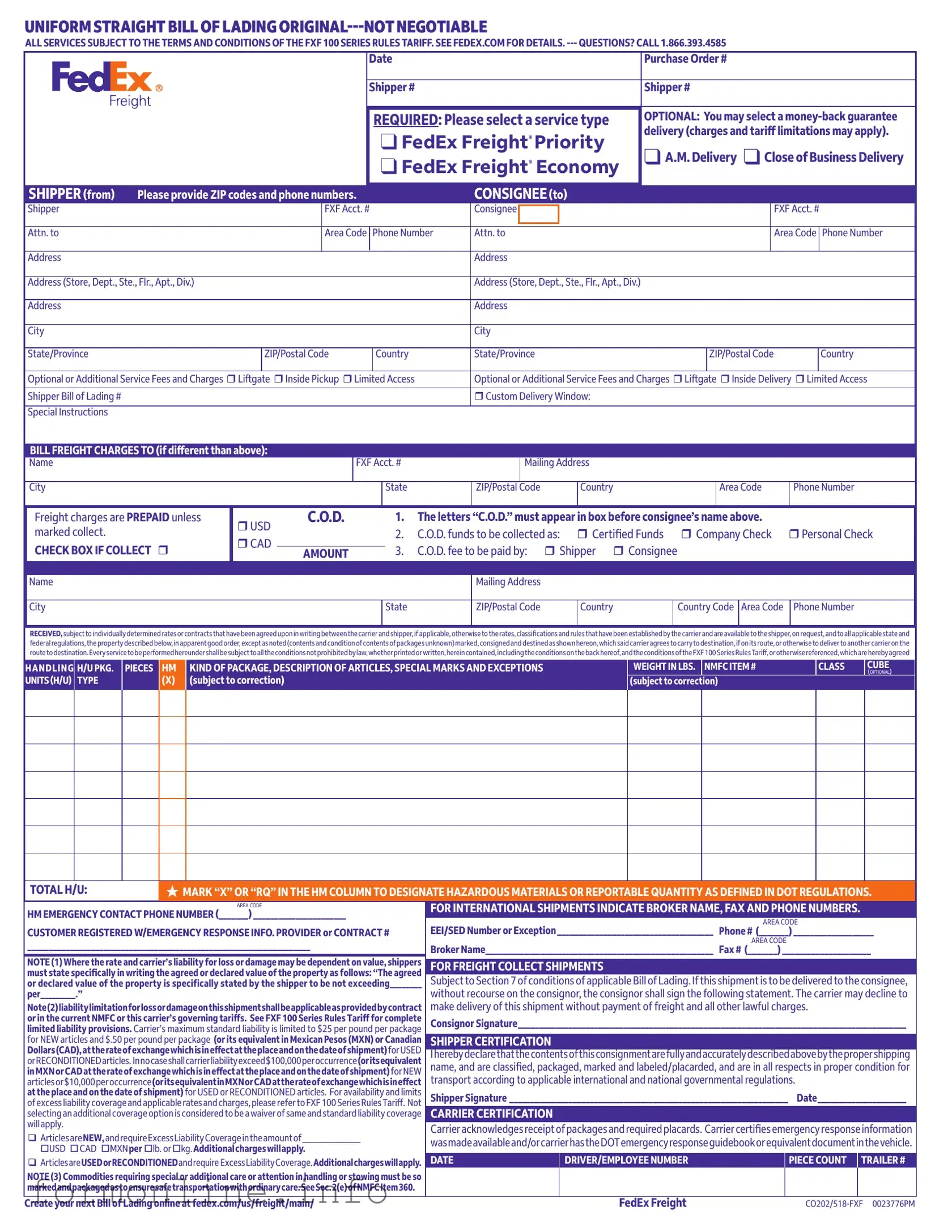 Fill Out a Valid Fedex Bill Of Lading Form