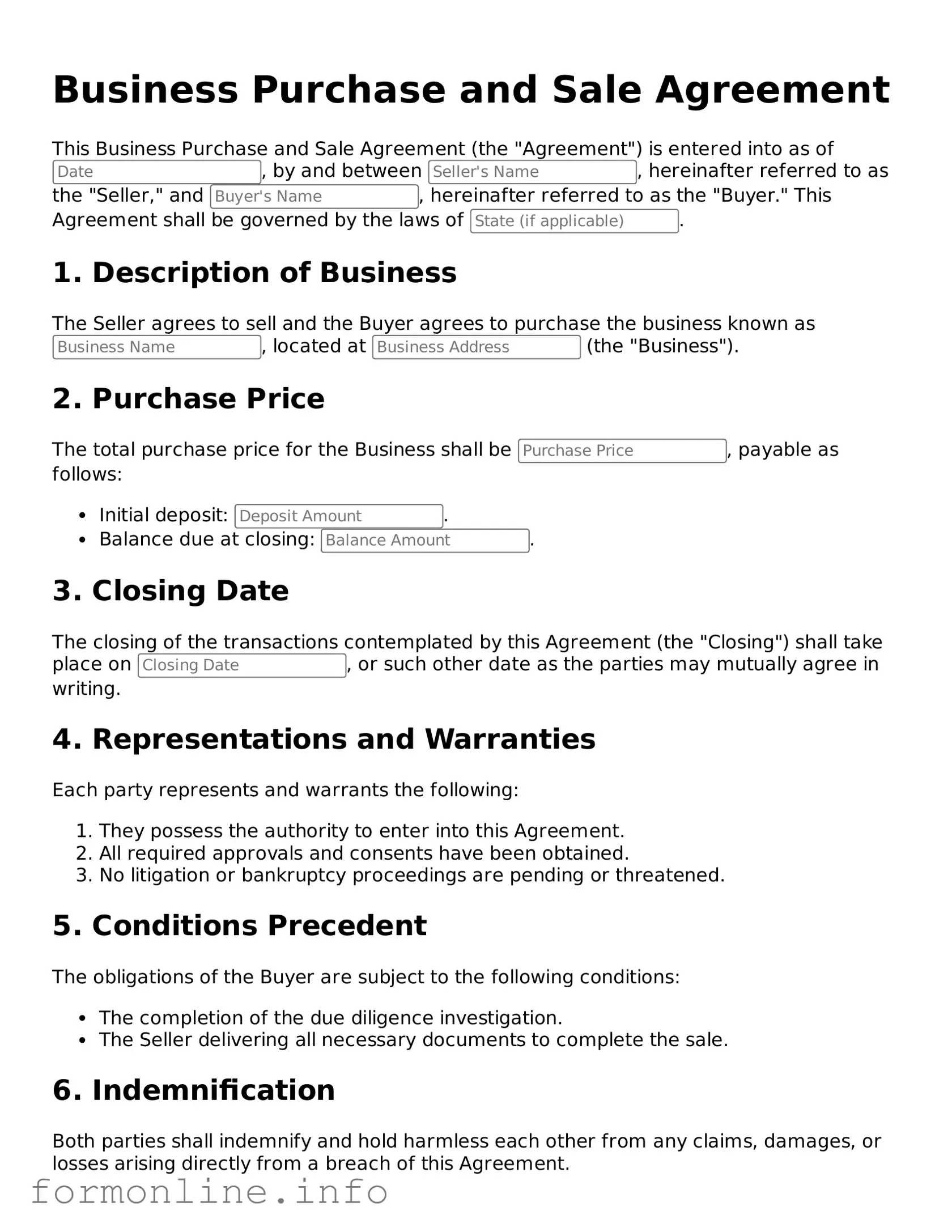 Printable Business Purchase and Sale Agreement Form
