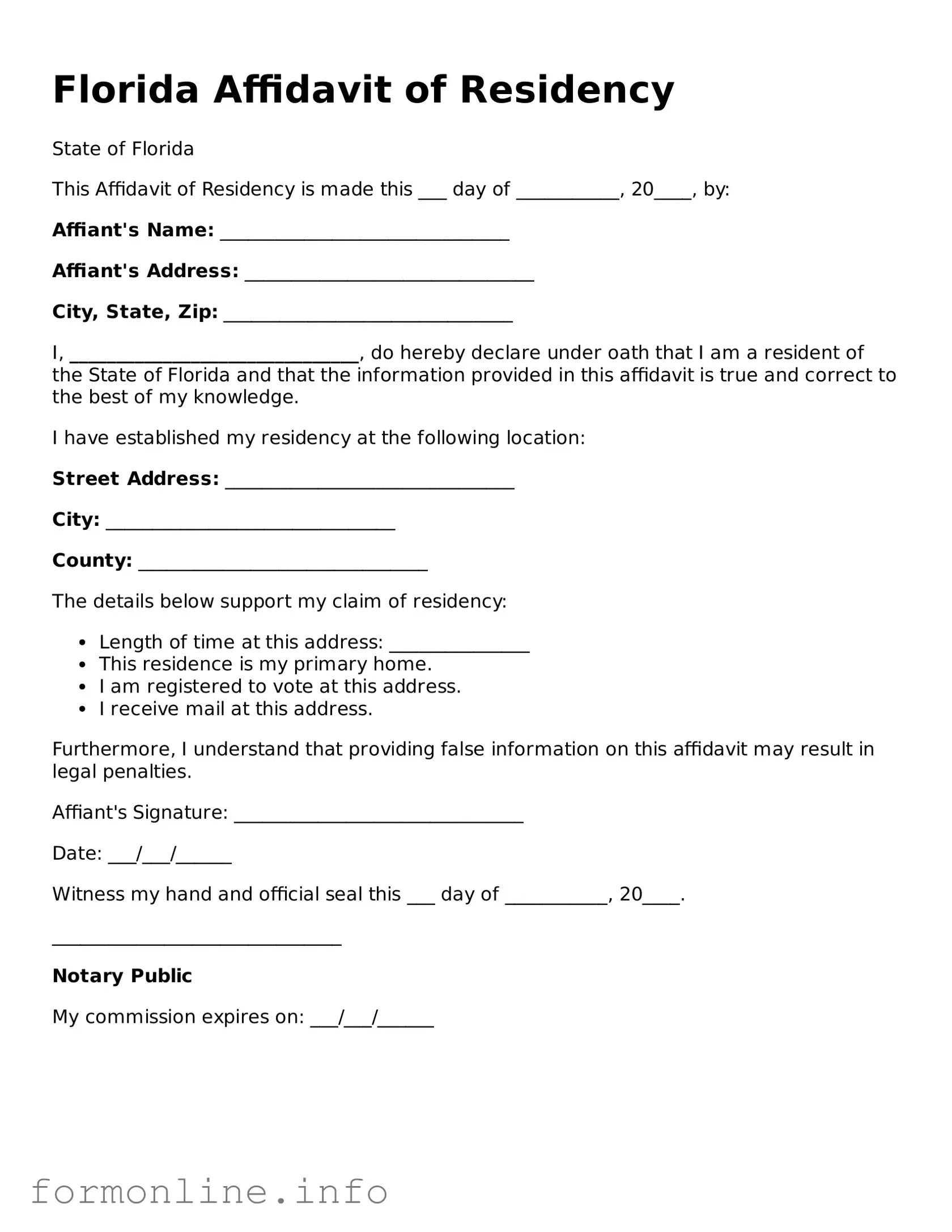 Free Affidavit of Residency Template for Florida State