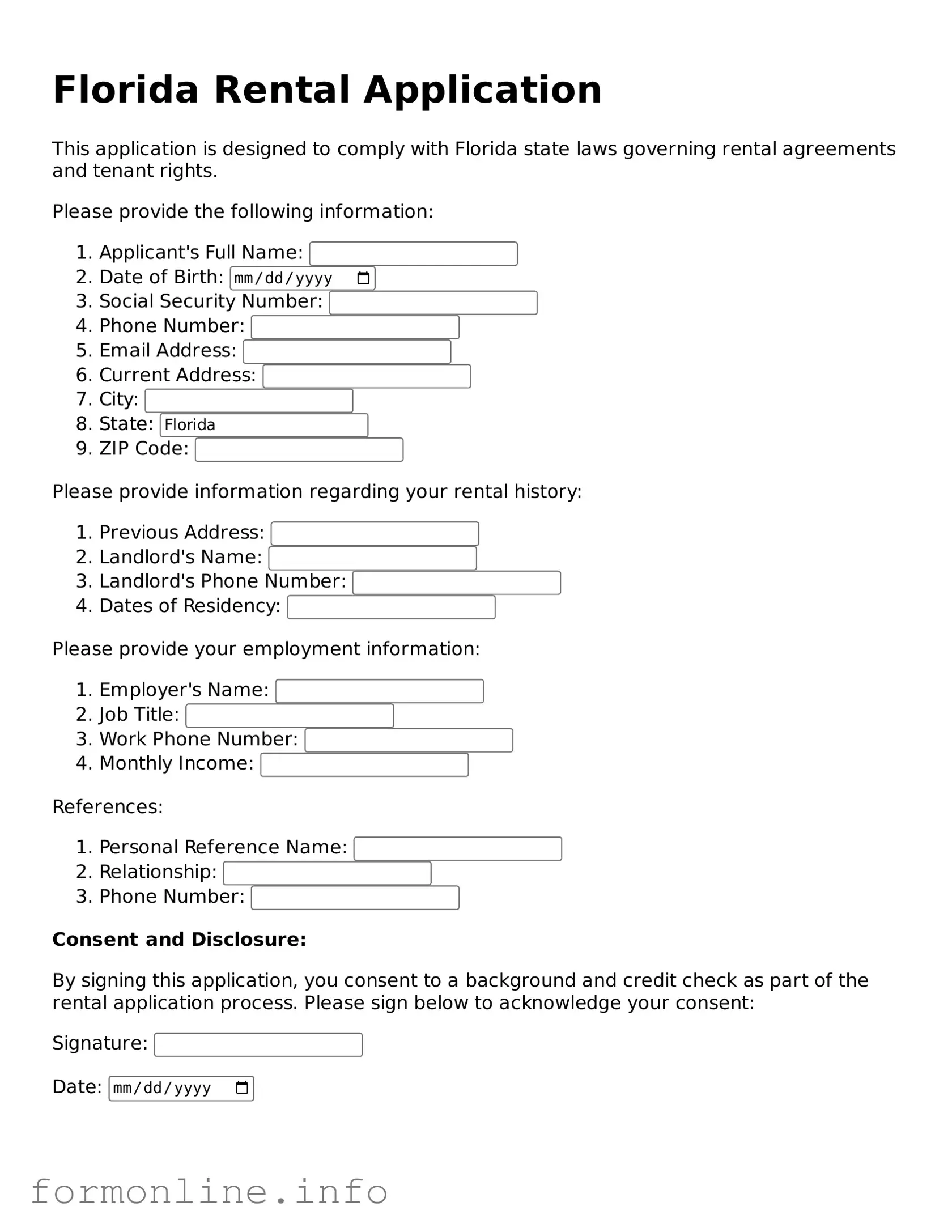 Free Rental Application Template for Florida State