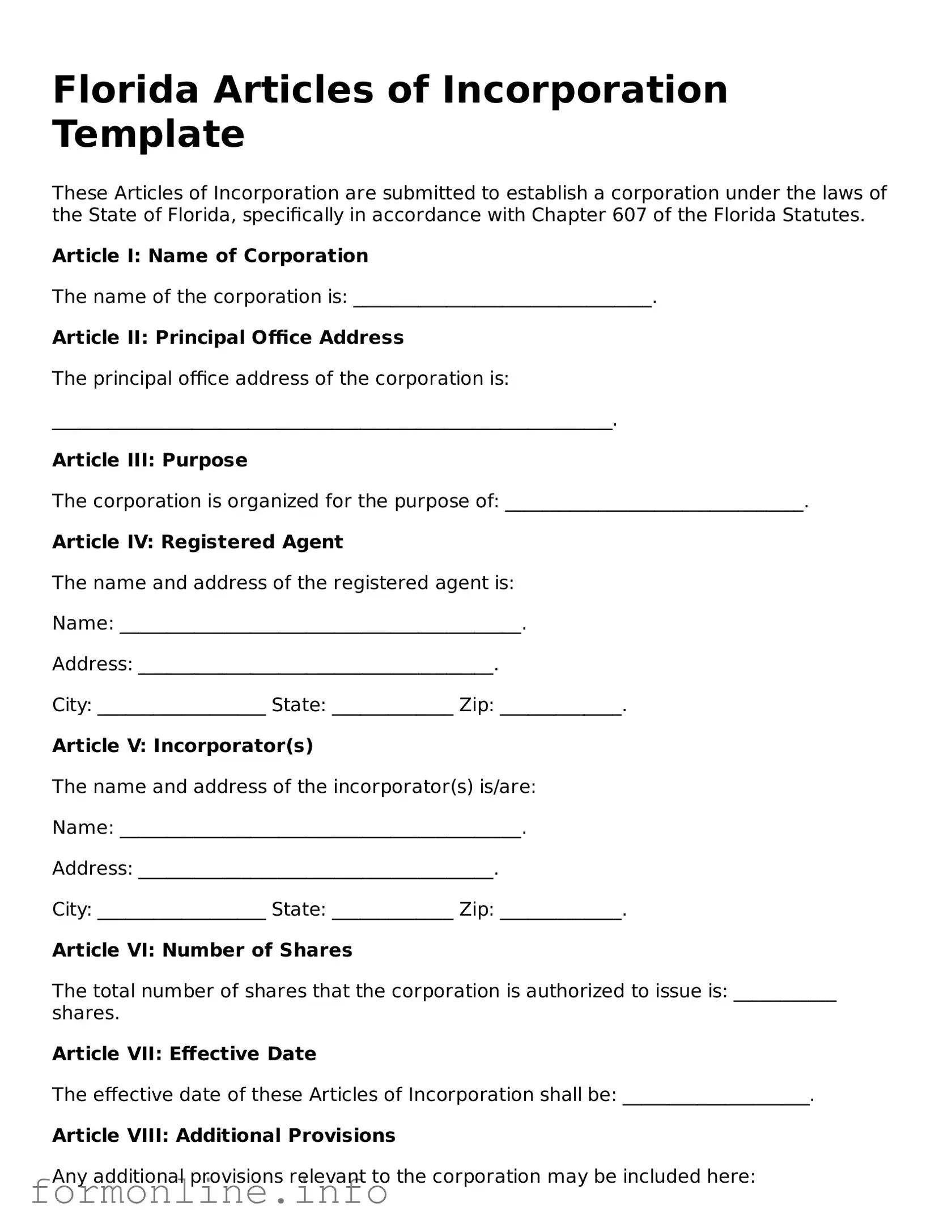 Free Articles of Incorporation Template for Florida State