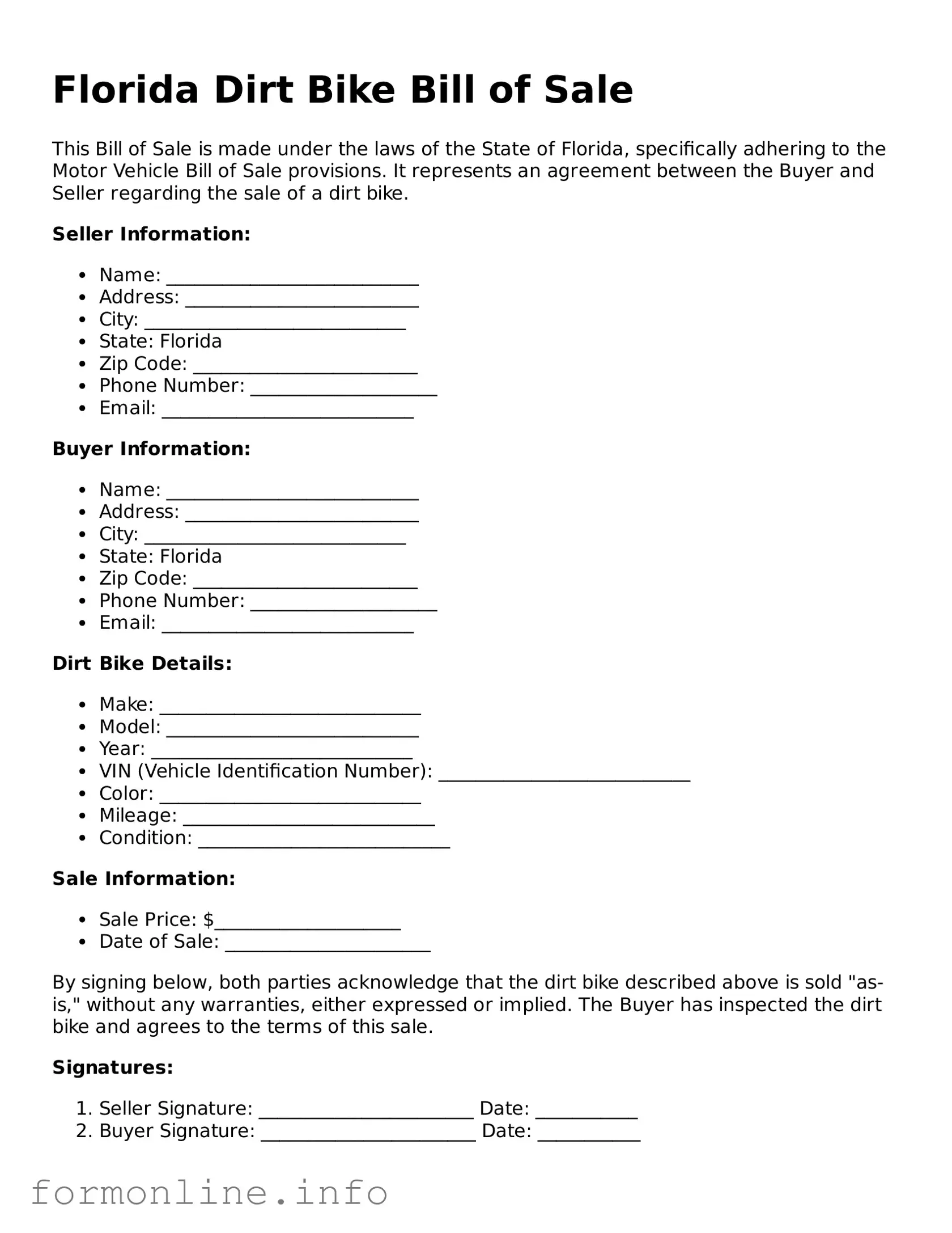 Free Dirt Bike Bill of Sale Template for Florida State