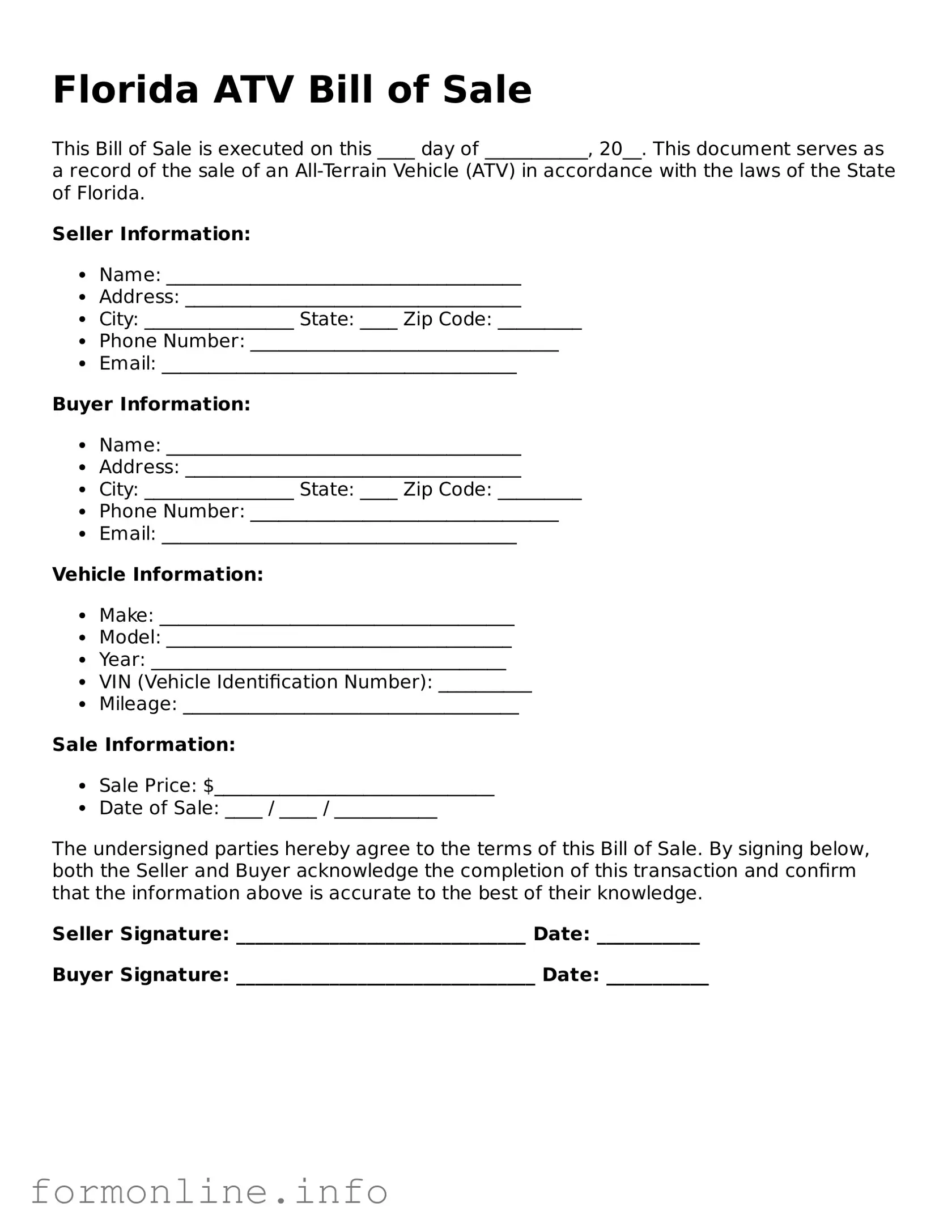 Free ATV Bill of Sale Template for Florida State