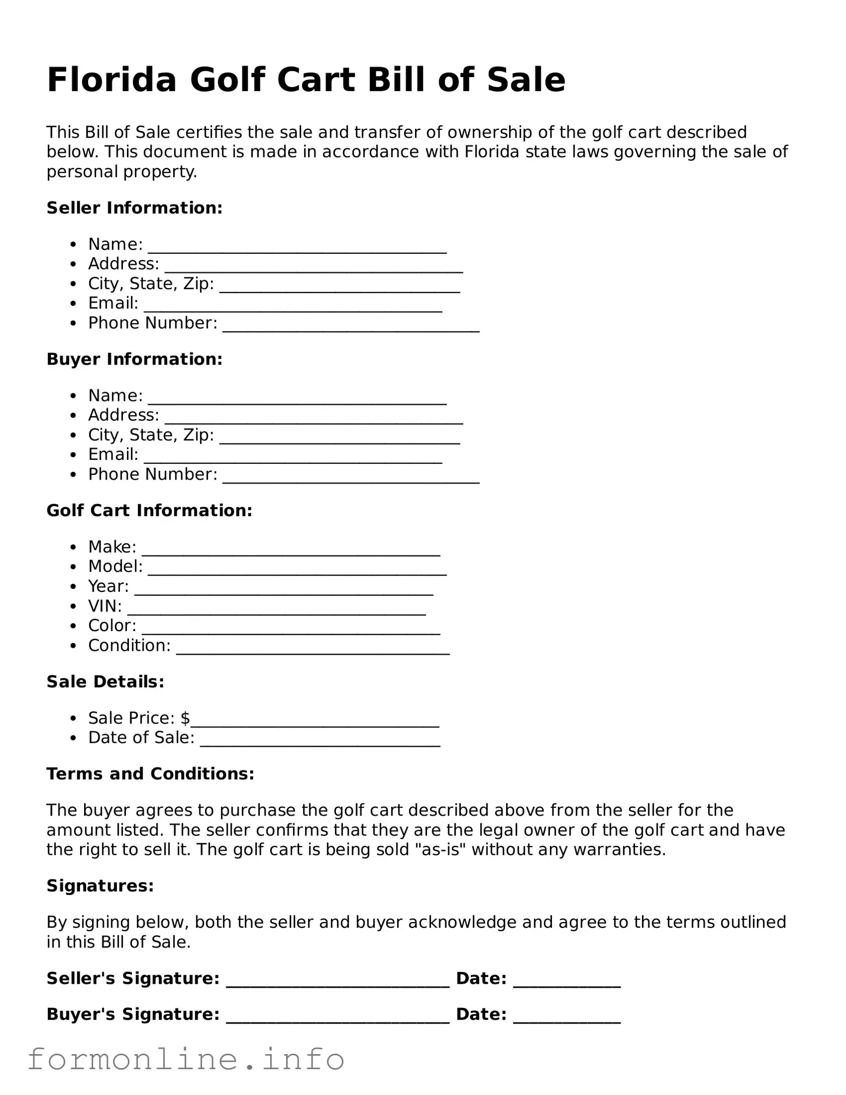 Free Golf Cart Bill of Sale Template for Florida State
